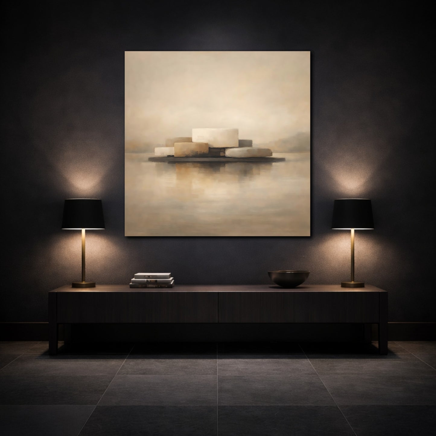 Mockup 3. Abstract Abstract Forms Beige And Brown shown as stretched canvas wall art