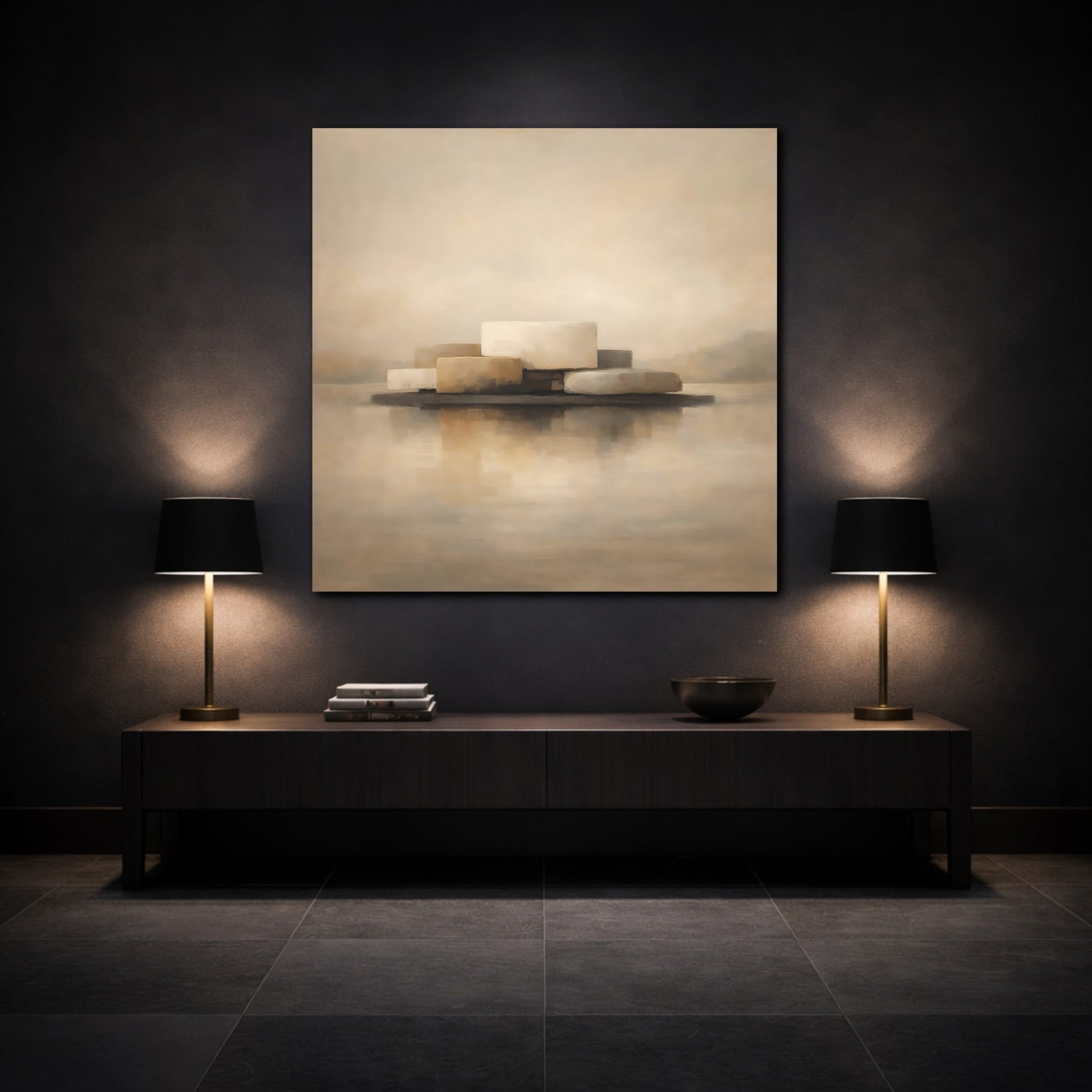 Mockup 3. Abstract Abstract Forms Beige And Brown shown as stretched canvas wall art