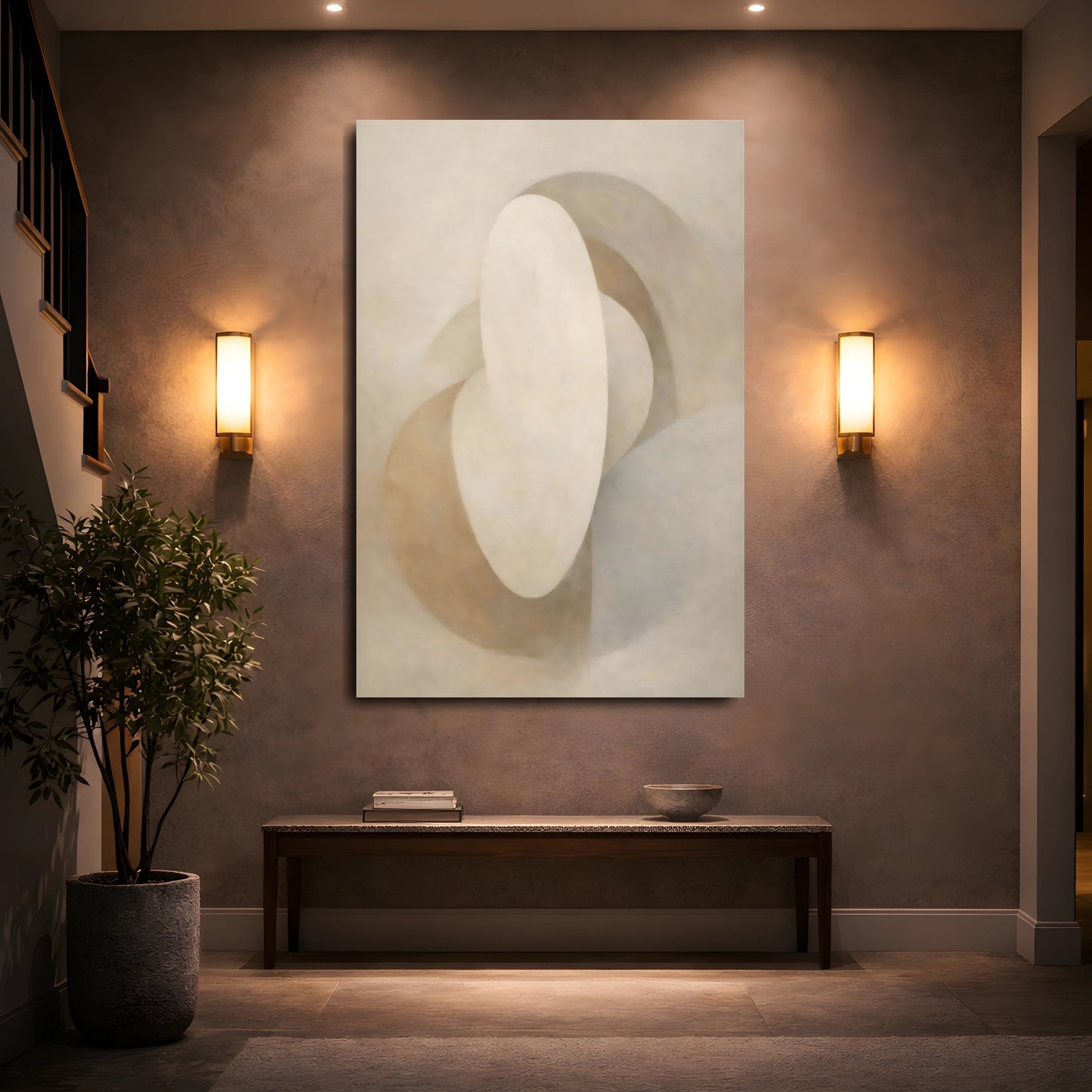 Mockup 4. Abstract Abstract Forms Beige And Brown shown as stretched canvas wall art