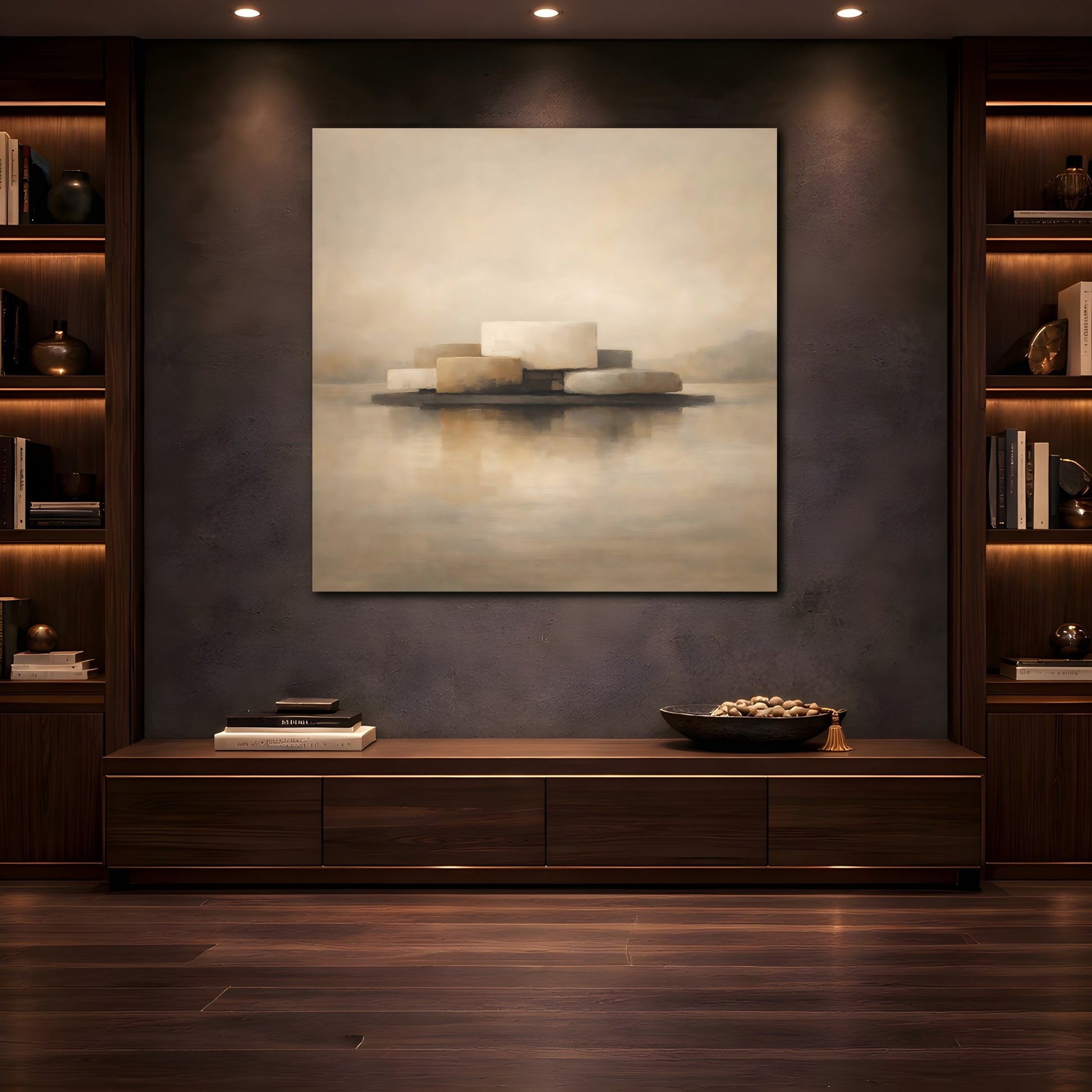Mockup 4. Abstract Abstract Forms Beige And Brown shown as stretched canvas wall art