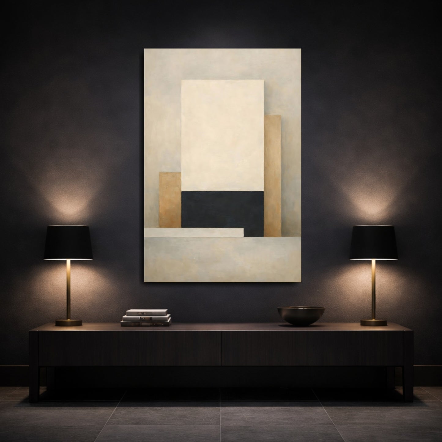 Mockup 2. Abstract Abstract Forms Beige Black Abstract shown as stretched canvas wall art