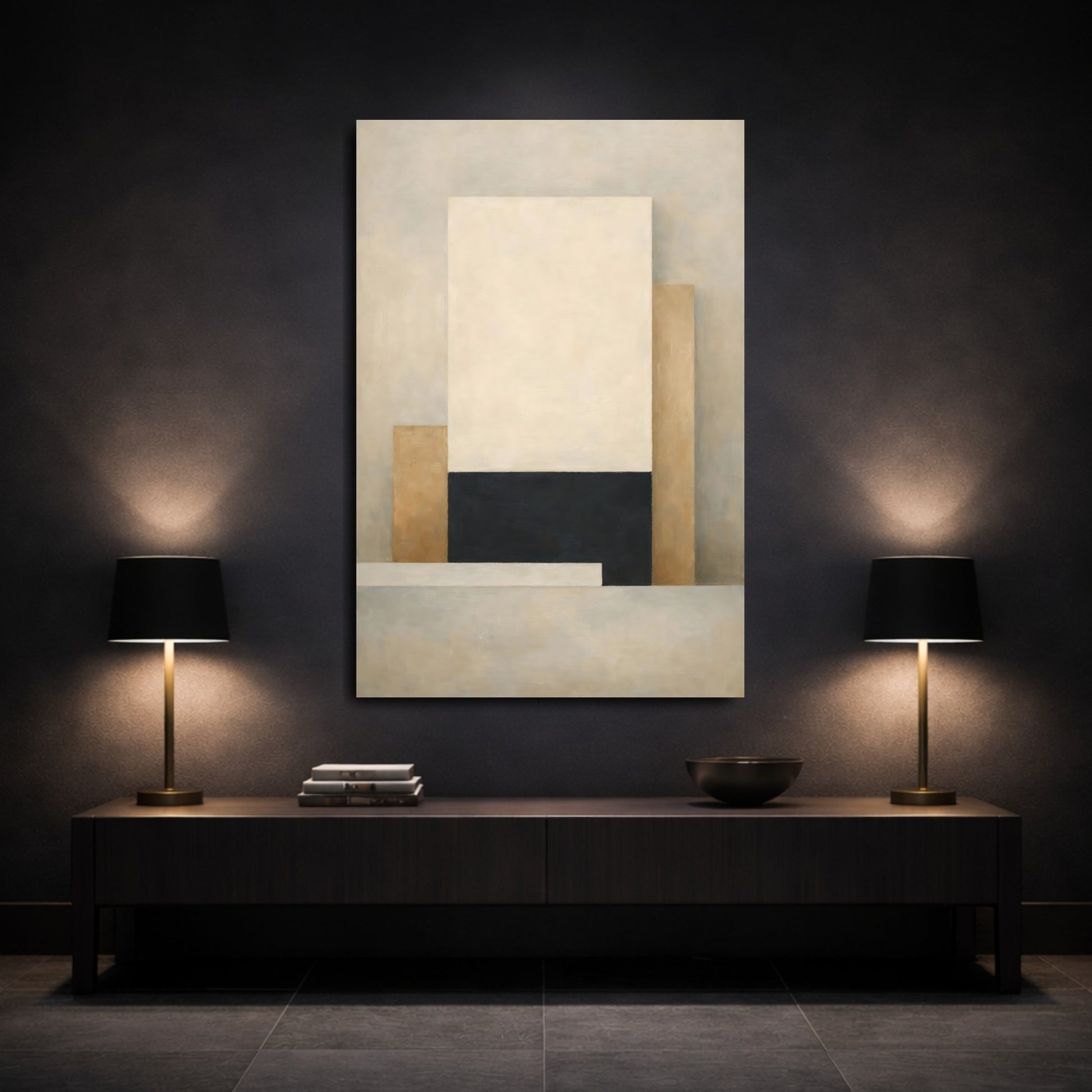 Mockup 2. Abstract Abstract Forms Beige Black Abstract shown as stretched canvas wall art