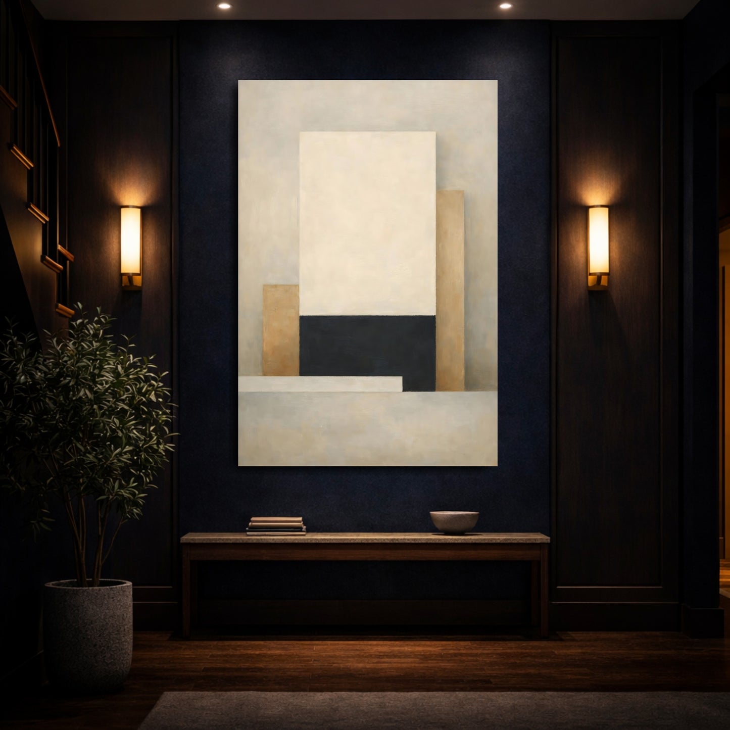 Mockup 3. Abstract Abstract Forms Beige Black Abstract shown as stretched canvas wall art