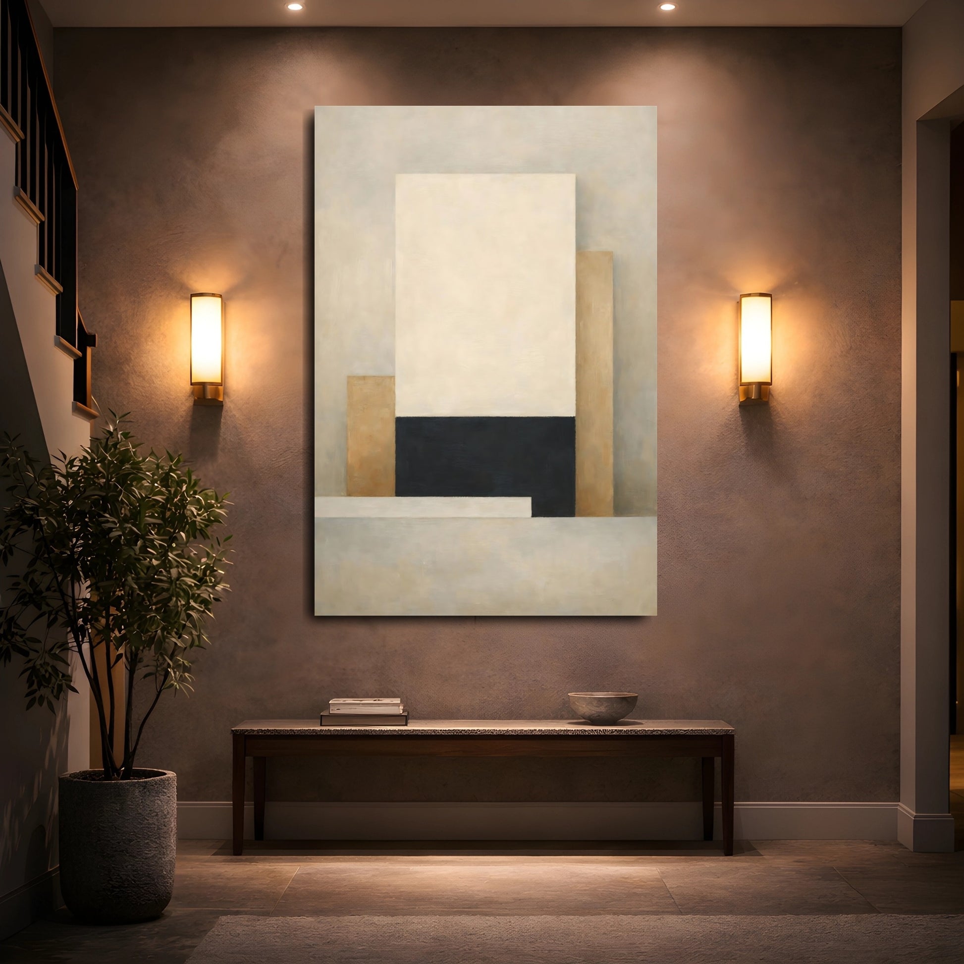 Mockup 4. Abstract Abstract Forms Beige Black Abstract shown as stretched canvas wall art