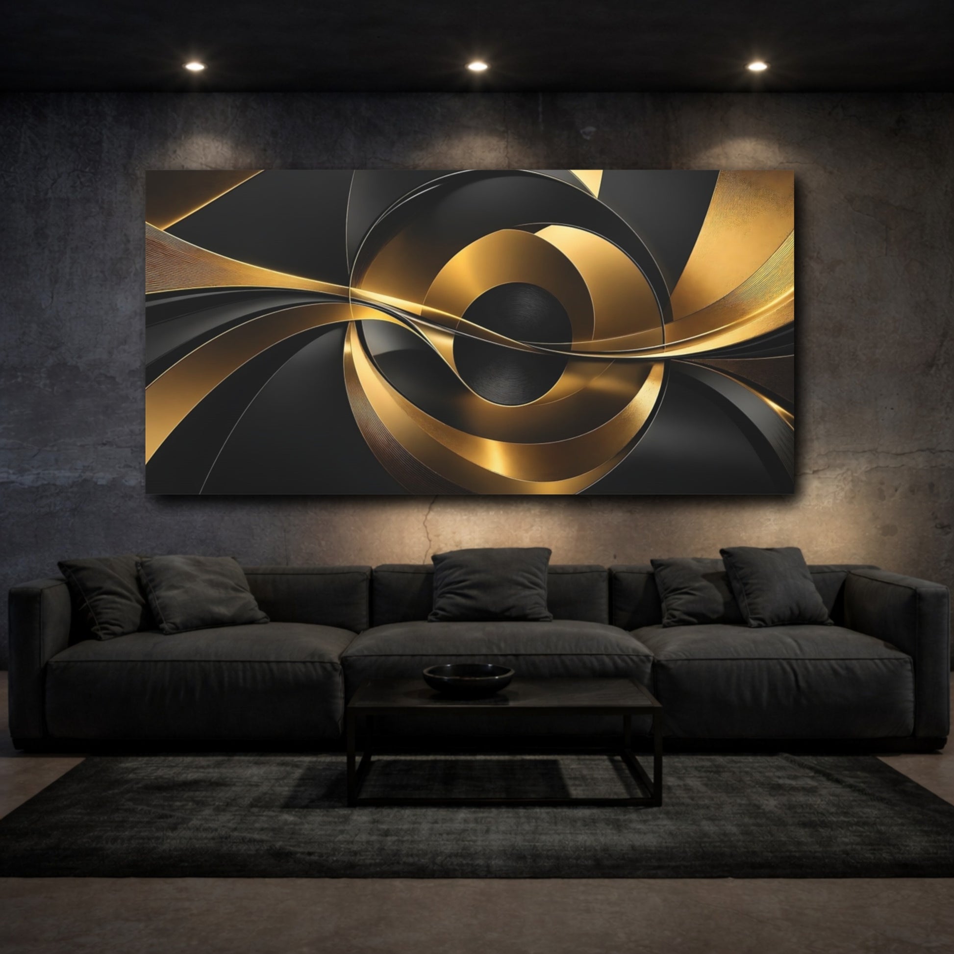 Mockup 2. Abstract Abstract Forms Black And Gold Abstract shown as stretched canvas wall art