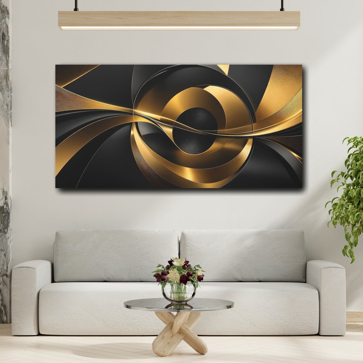 Mockup 3. Abstract Abstract Forms Black And Gold Abstract shown as stretched canvas wall art