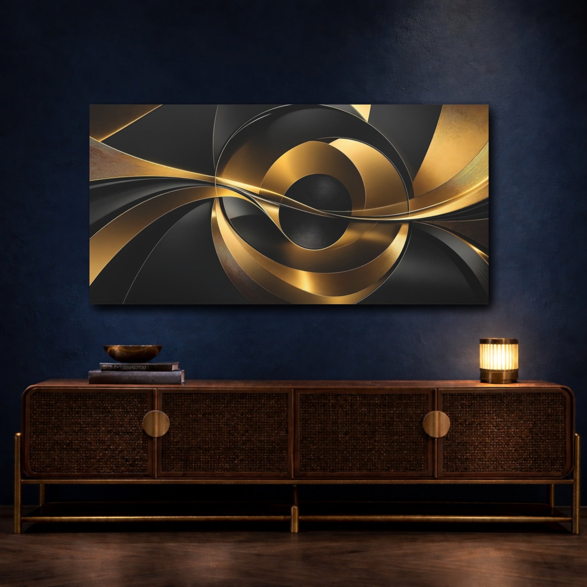 Mockup 4. Abstract Abstract Forms Black And Gold Abstract shown as stretched canvas wall art