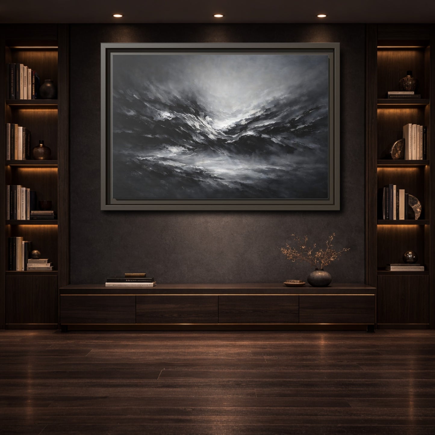 Mockup 3. Abstract Abstract Forms Black And White shown as stretched canvas wall art