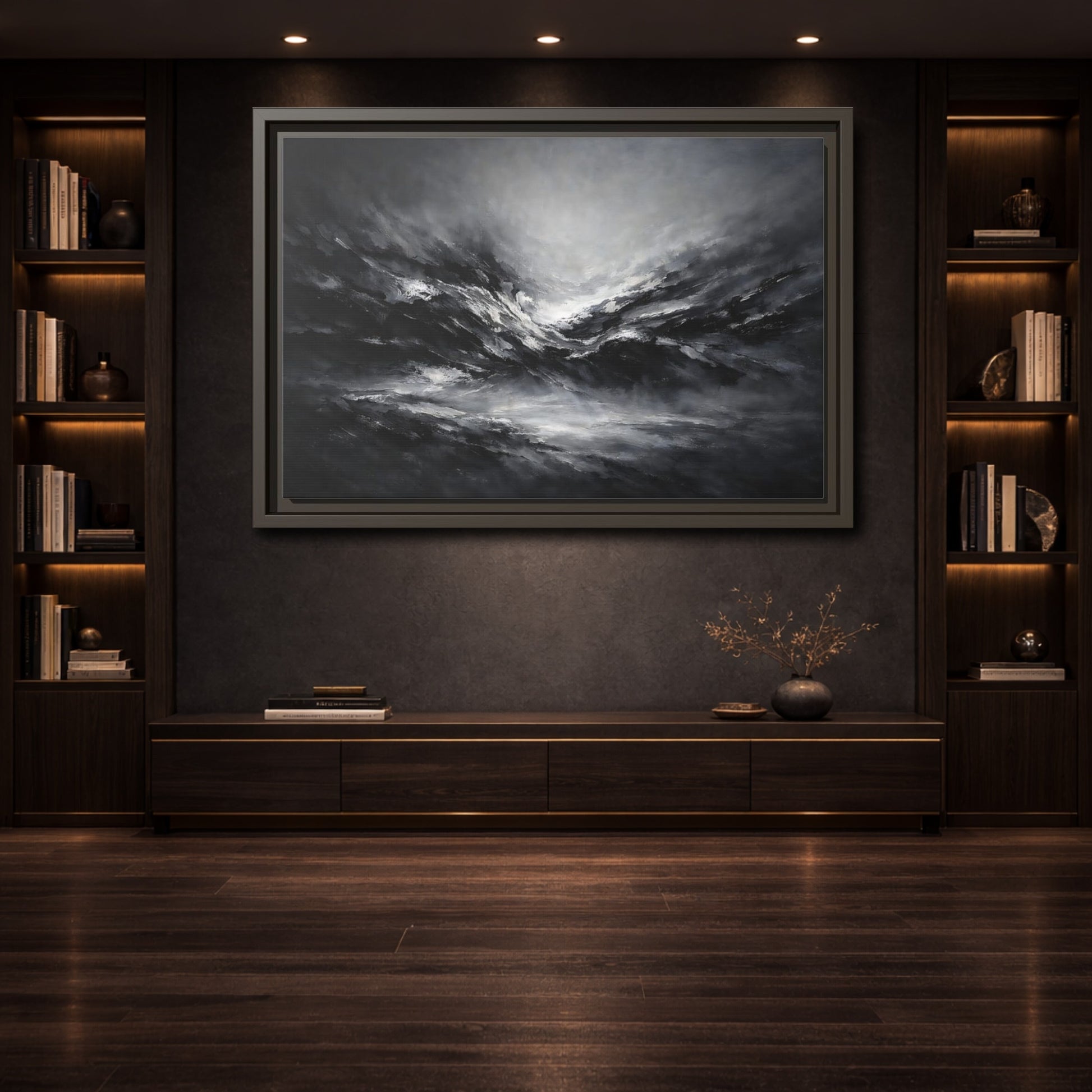 Mockup 3. Abstract Abstract Forms Black And White shown as stretched canvas wall art