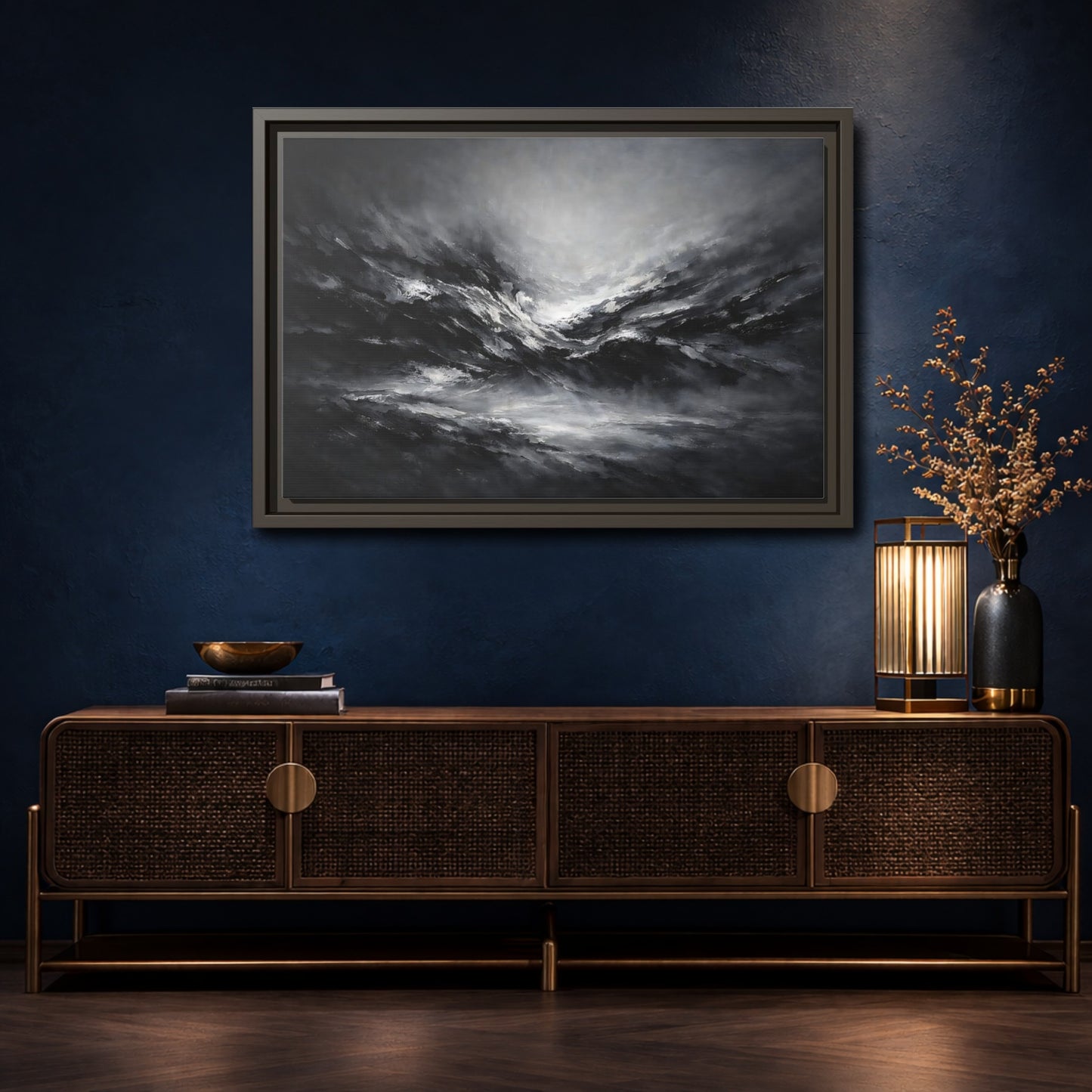 Mockup 4. Abstract Abstract Forms Black And White shown as stretched canvas wall art