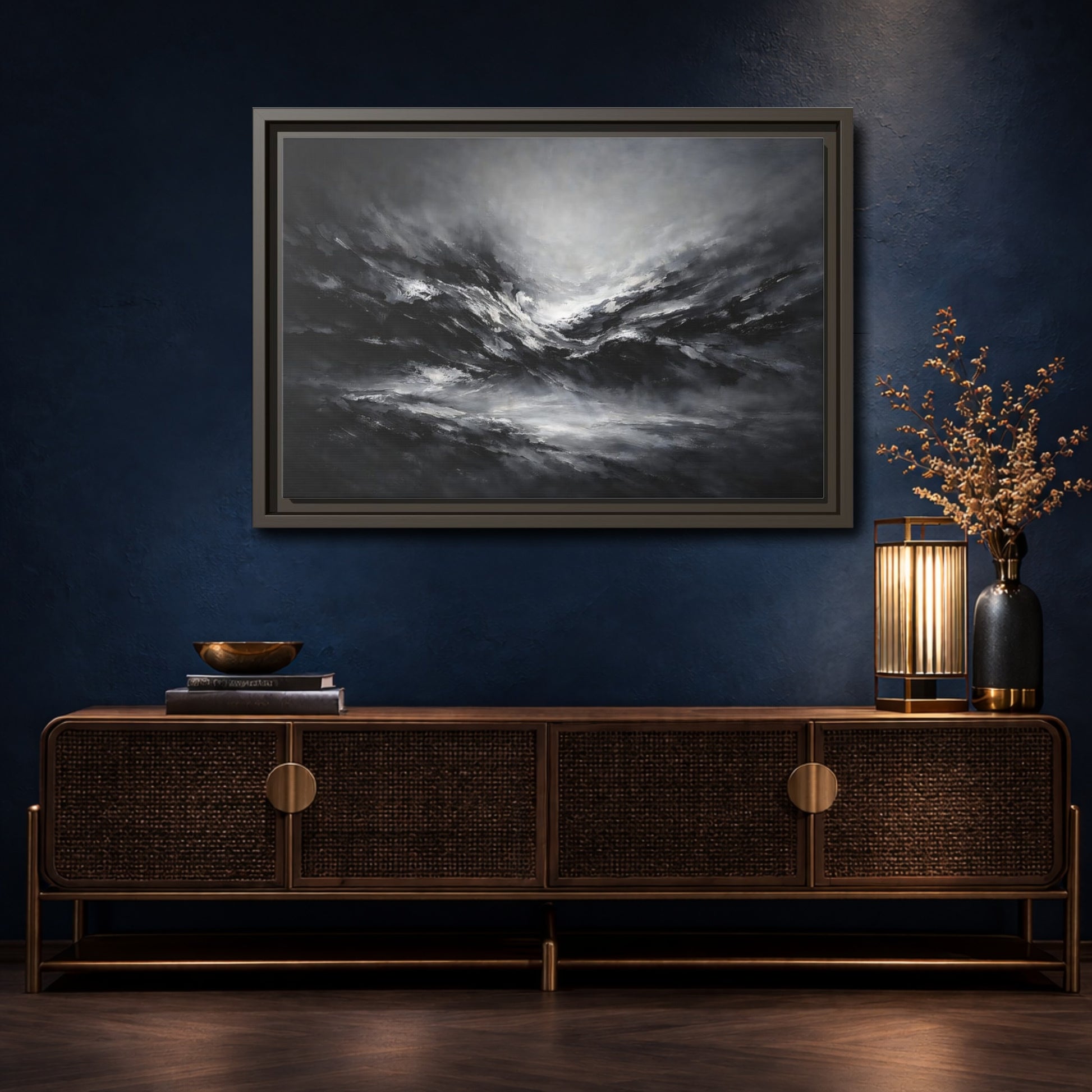 Mockup 4. Abstract Abstract Forms Black And White shown as stretched canvas wall art