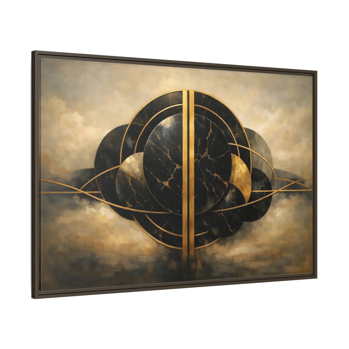 Main Mockup. Abstract Abstract Forms Black Gold Abstract shown as stretched canvas wall art