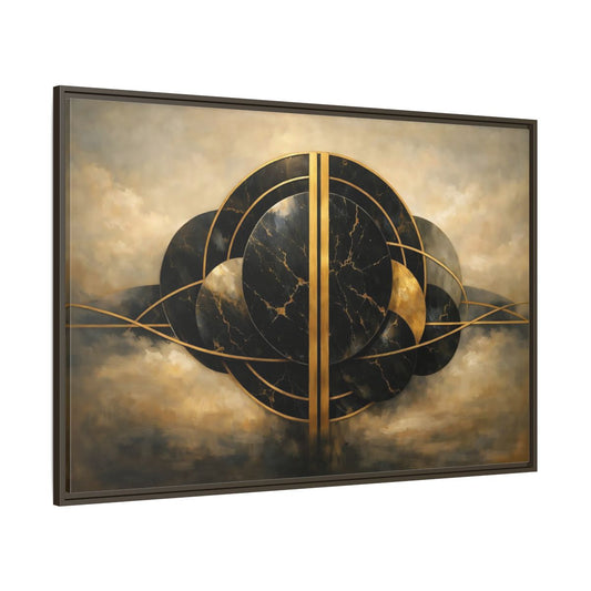 Main Mockup. Abstract Abstract Forms Black Gold Abstract shown as stretched canvas wall art