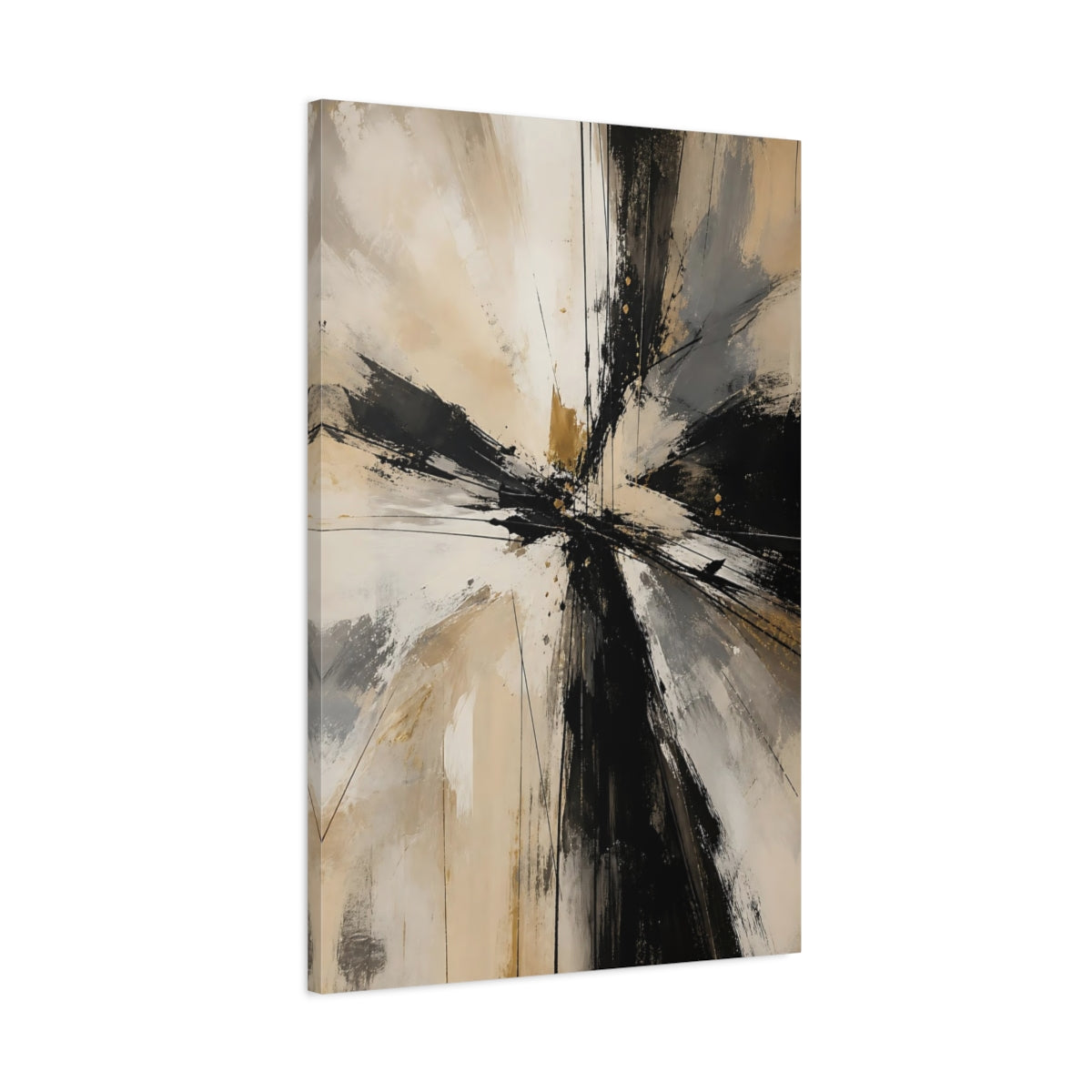 Main Mockup. Abstract Abstract Forms Black Gold Abstract shown as stretched canvas wall art