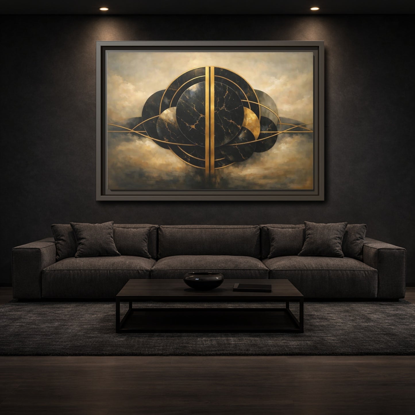 Mockup 2. Abstract Abstract Forms Black Gold Abstract shown as stretched canvas wall art