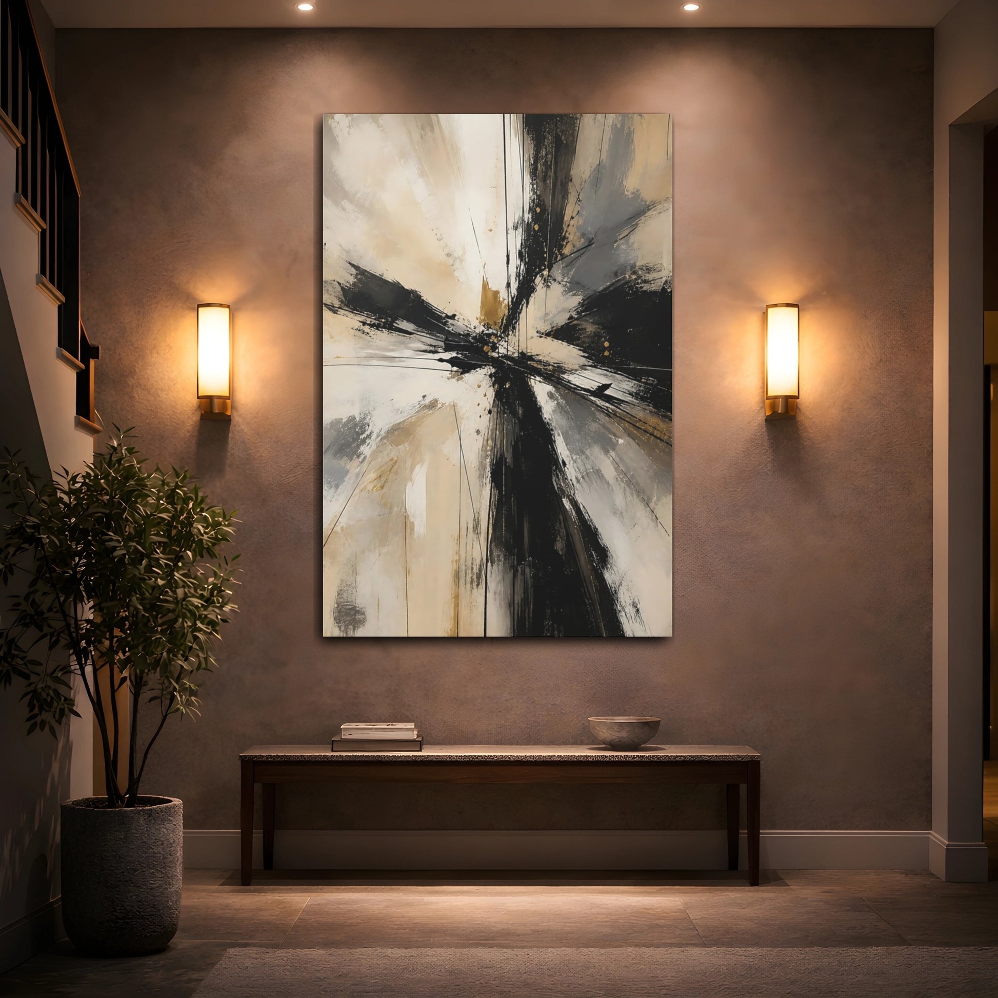 Mockup 2. Abstract Abstract Forms Black Gold Abstract shown as stretched canvas wall art