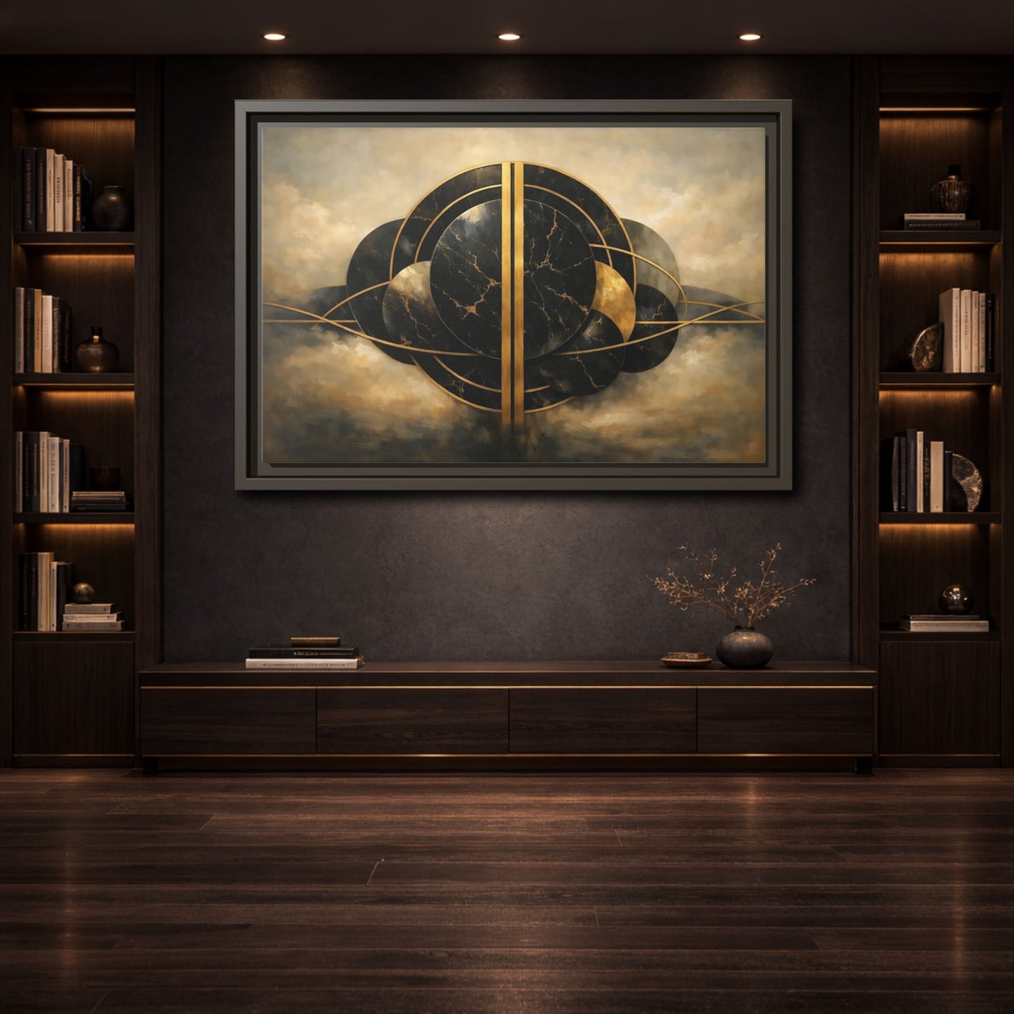 Mockup 3. Abstract Abstract Forms Black Gold Abstract shown as stretched canvas wall art