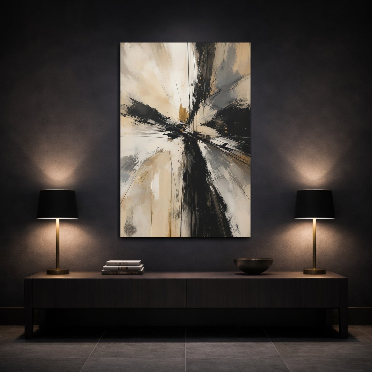 Mockup 3. Abstract Abstract Forms Black Gold Abstract shown as stretched canvas wall art