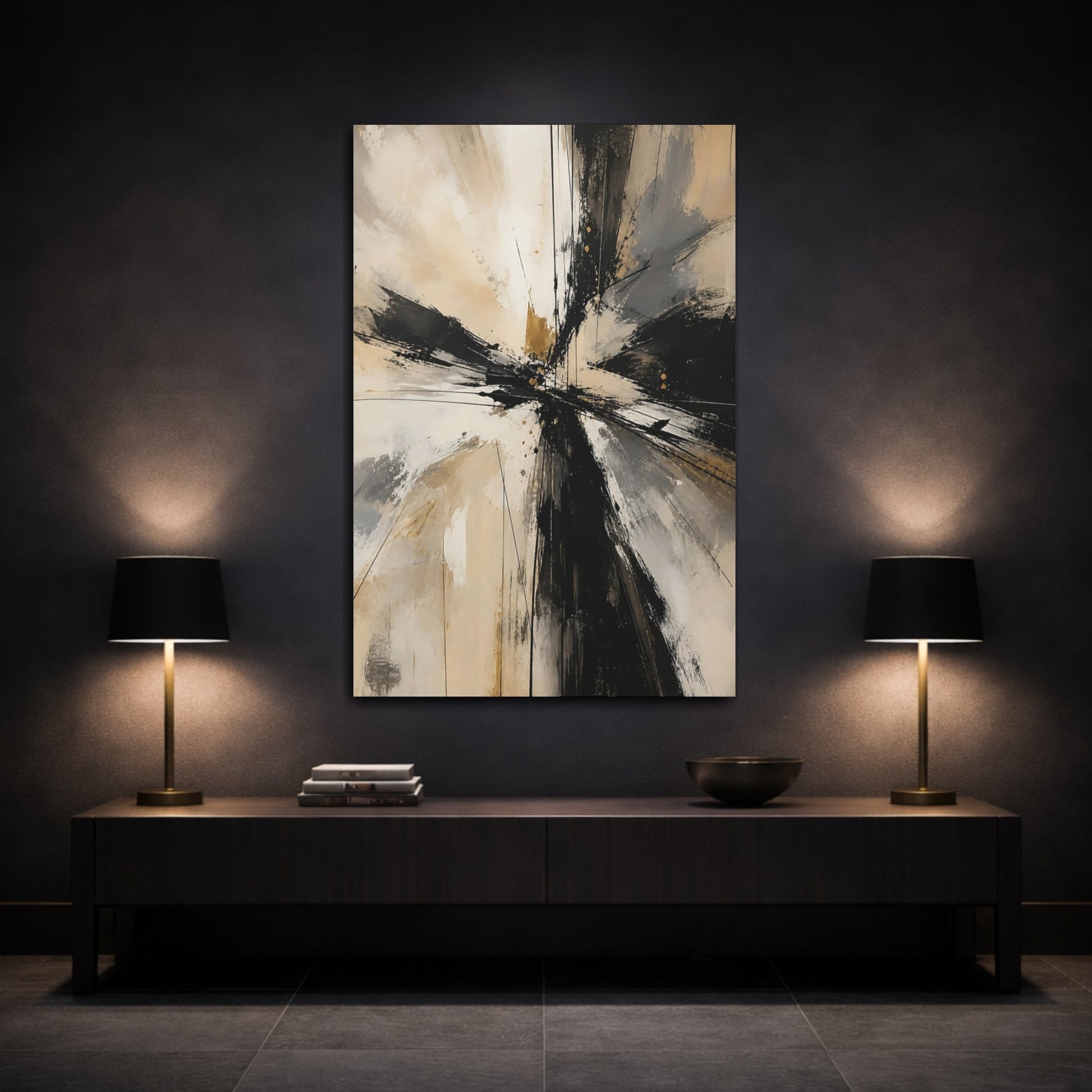 Mockup 3. Abstract Abstract Forms Black Gold Abstract shown as stretched canvas wall art