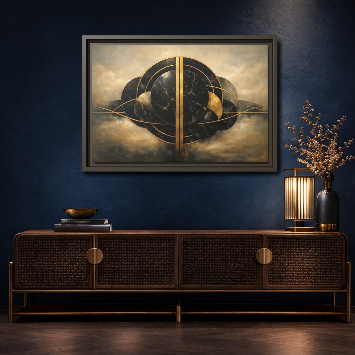 Mockup 4. Abstract Abstract Forms Black Gold Abstract shown as stretched canvas wall art