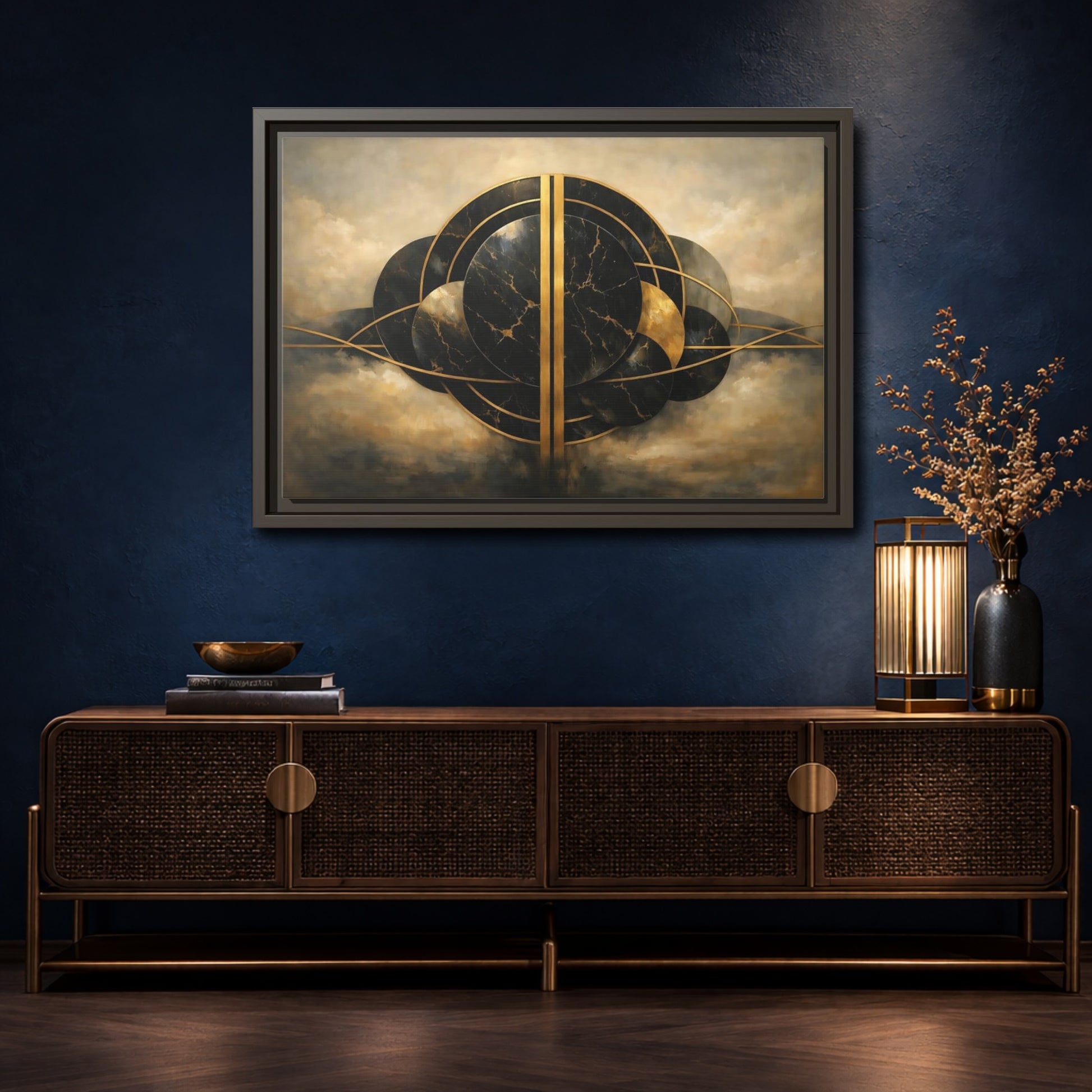 Mockup 4. Abstract Abstract Forms Black Gold Abstract shown as stretched canvas wall art