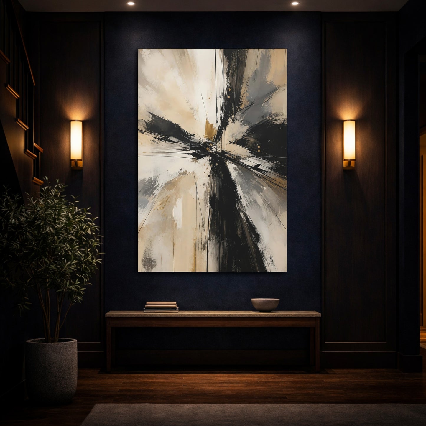 Mockup 4. Abstract Abstract Forms Black Gold Abstract shown as stretched canvas wall art