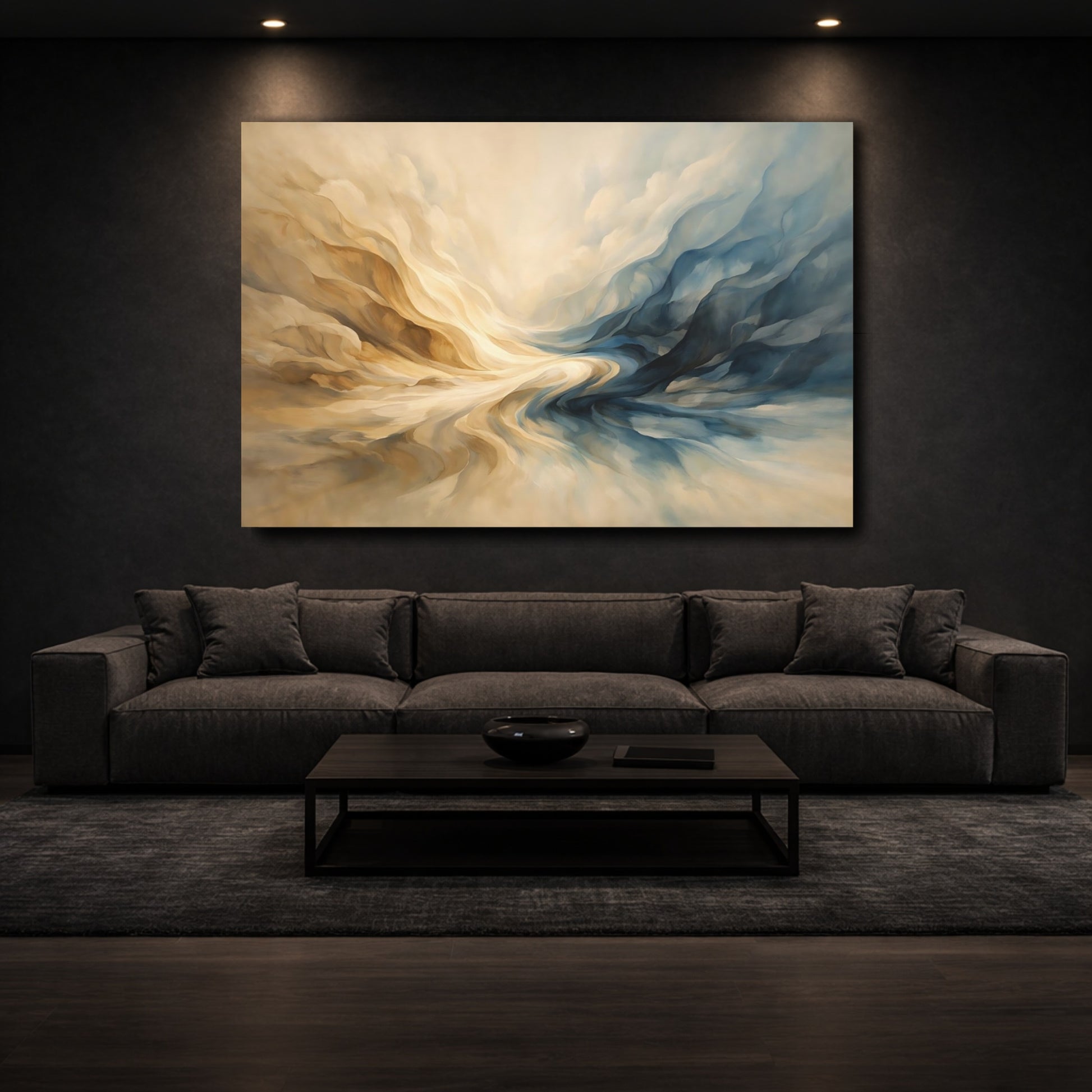 Mockup 2. Abstract Abstract Forms Blue And Beige shown as stretched canvas wall art