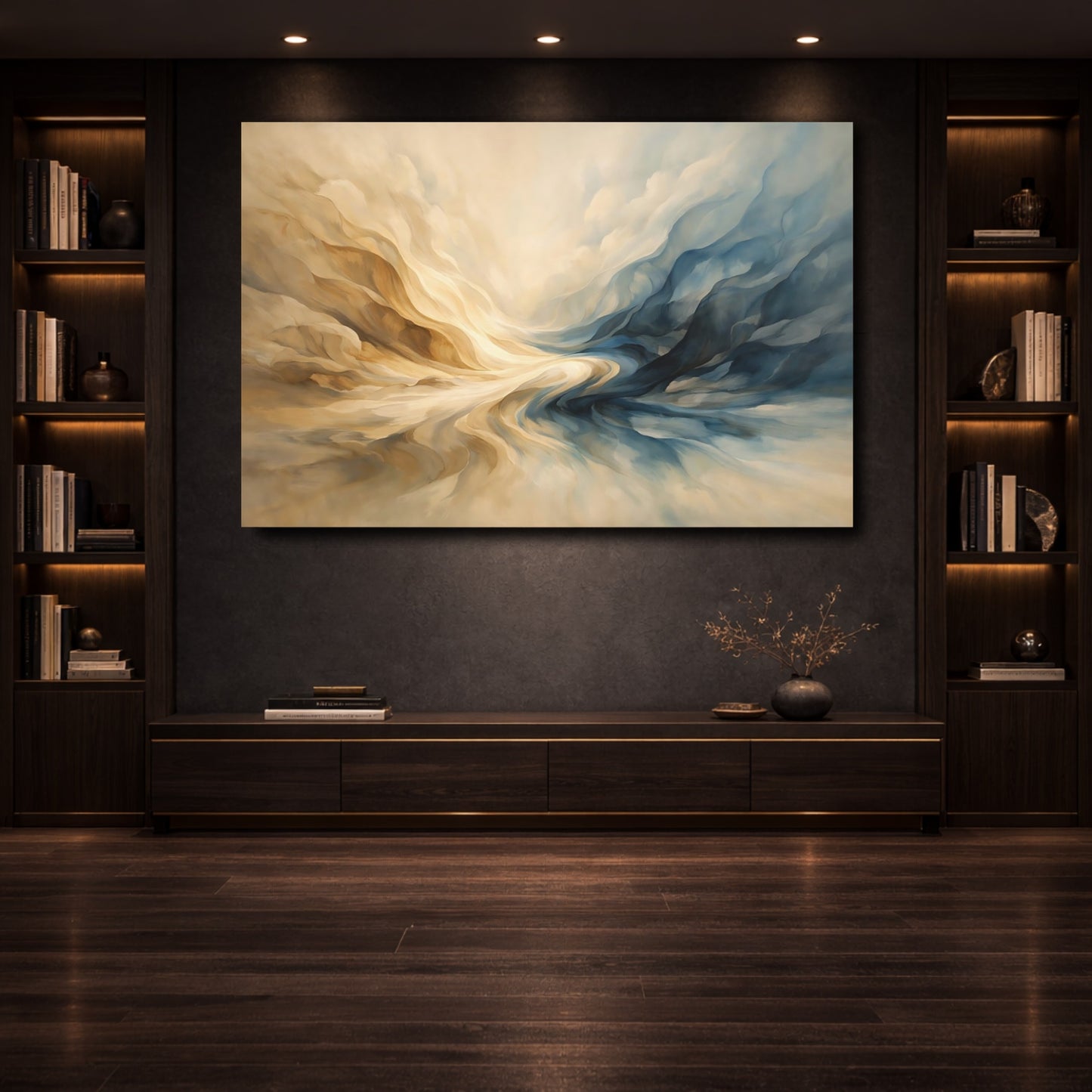 Mockup 3. Abstract Abstract Forms Blue And Beige shown as stretched canvas wall art