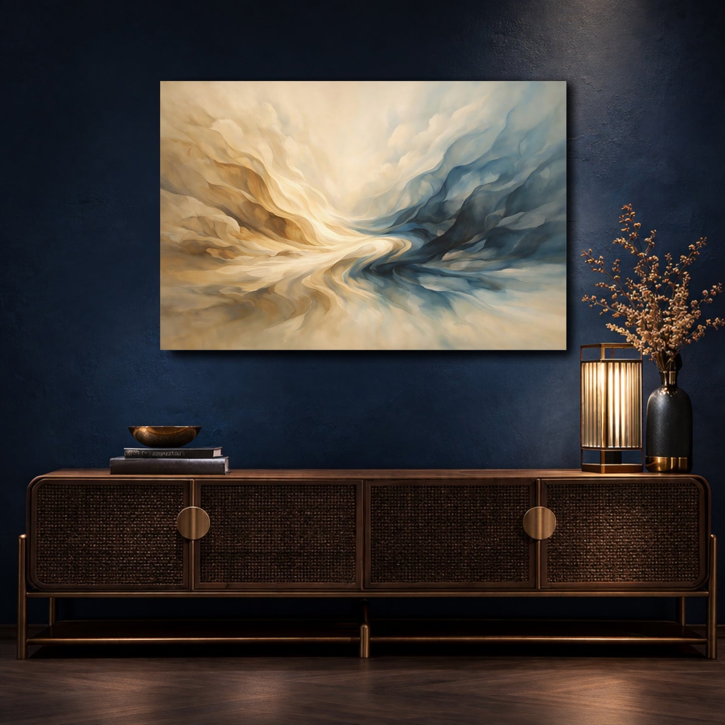 Mockup 4. Abstract Abstract Forms Blue And Beige shown as stretched canvas wall art