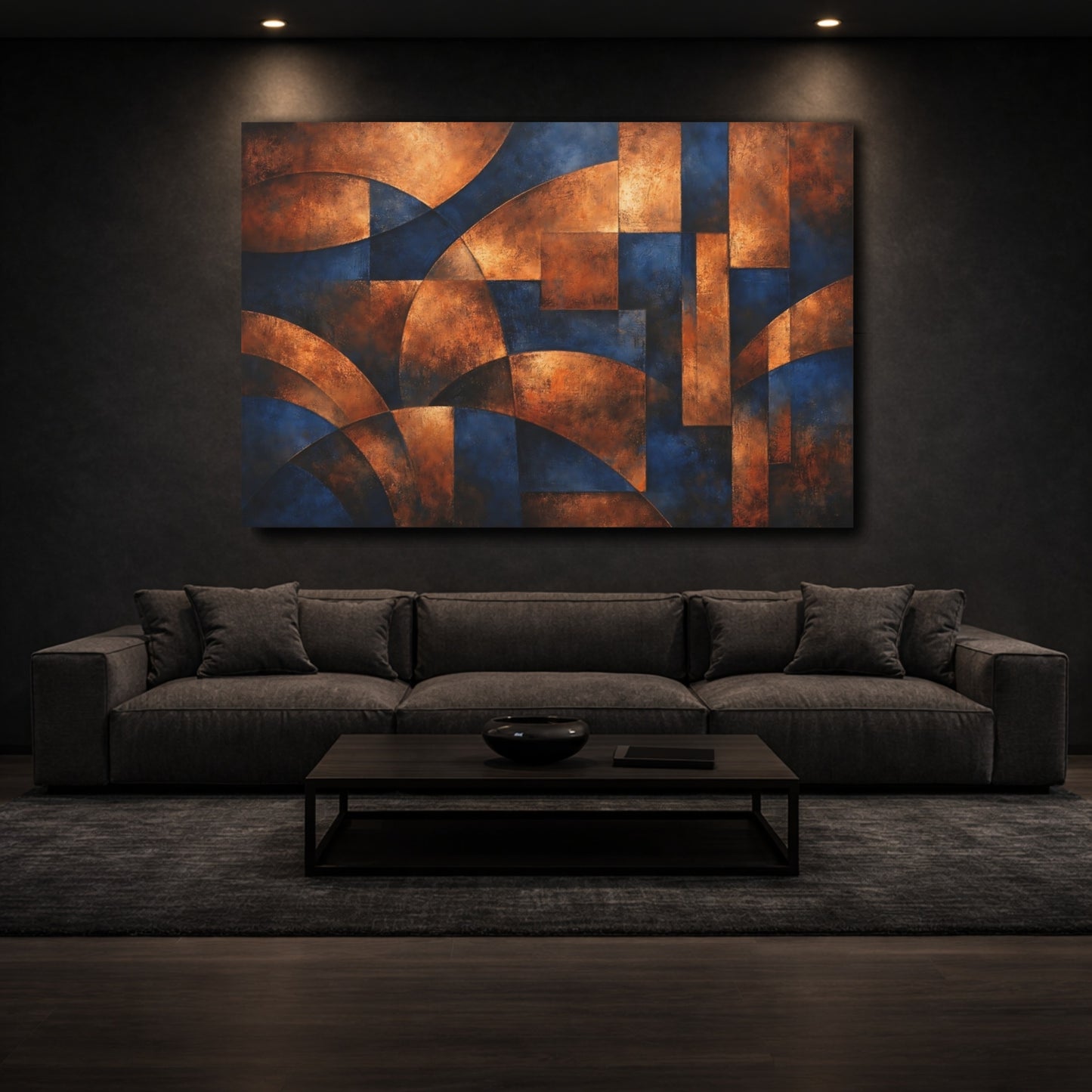 Mockup 2. Abstract Abstract Forms Blue And Copper shown as stretched canvas wall art