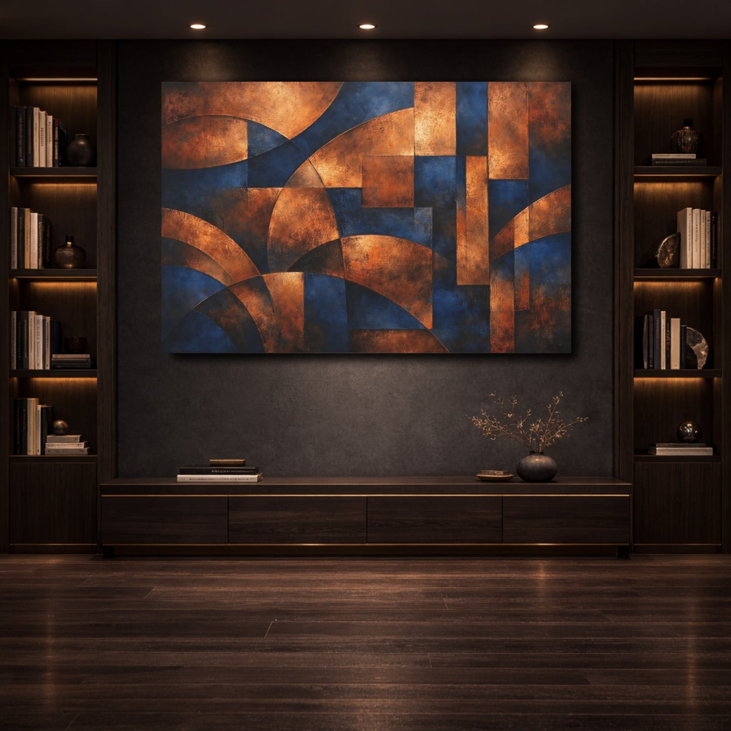Mockup 3. Abstract Abstract Forms Blue And Copper shown as stretched canvas wall art