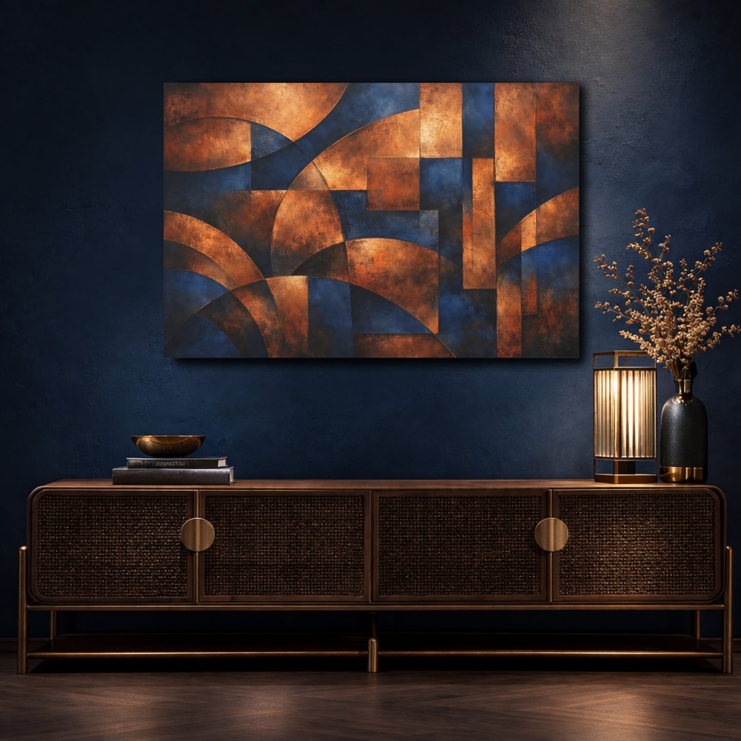 Mockup 4. Abstract Abstract Forms Blue And Copper shown as stretched canvas wall art