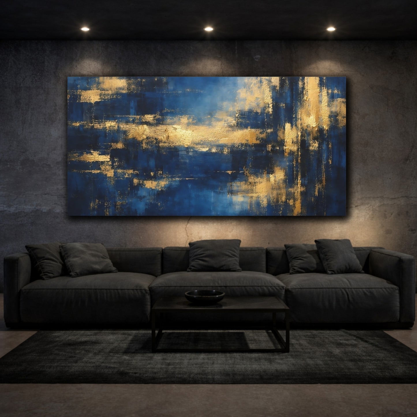 Mockup 2. Abstract Abstract Forms Blue And Gold Abstract shown as stretched canvas wall art