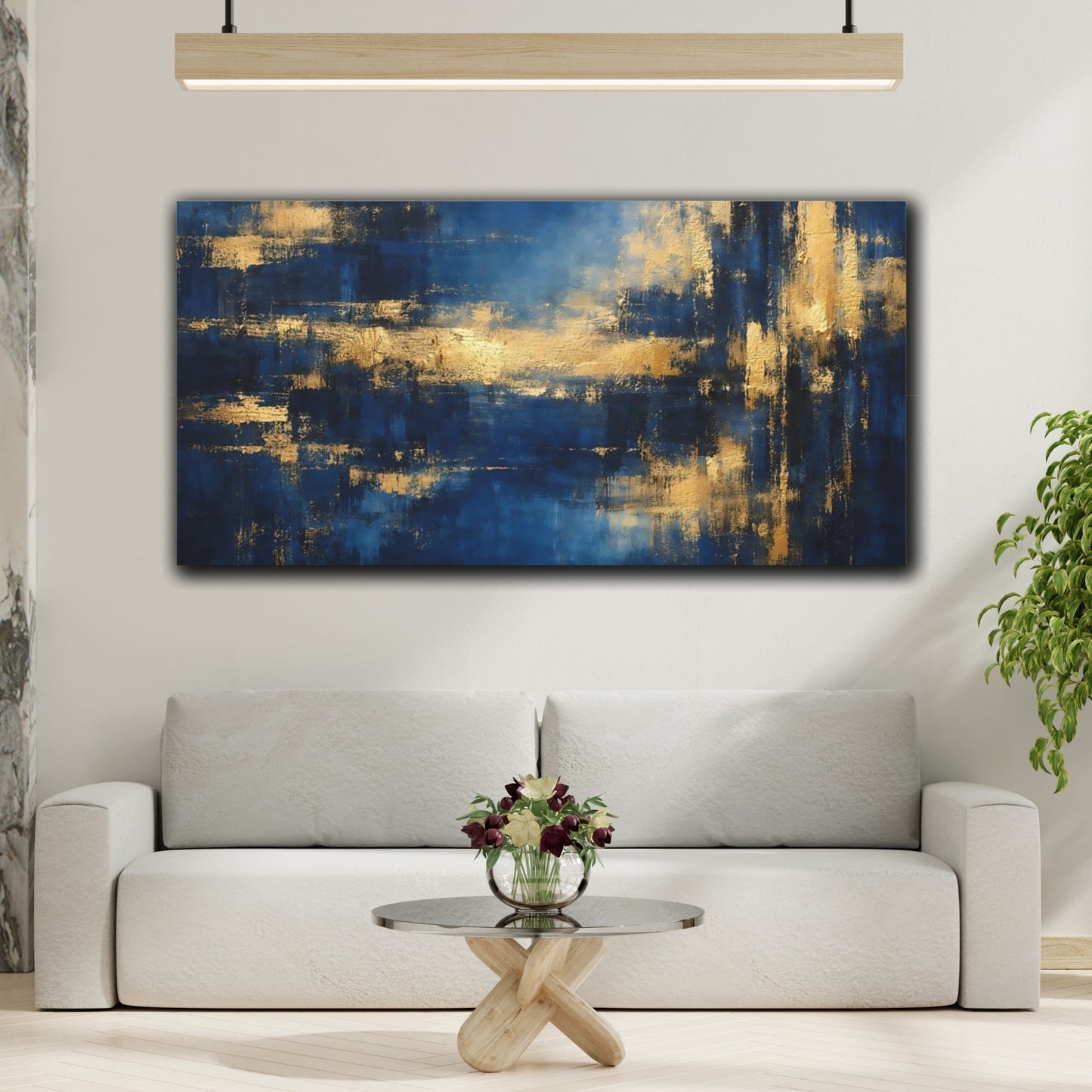 Mockup 3. Abstract Abstract Forms Blue And Gold Abstract shown as stretched canvas wall art