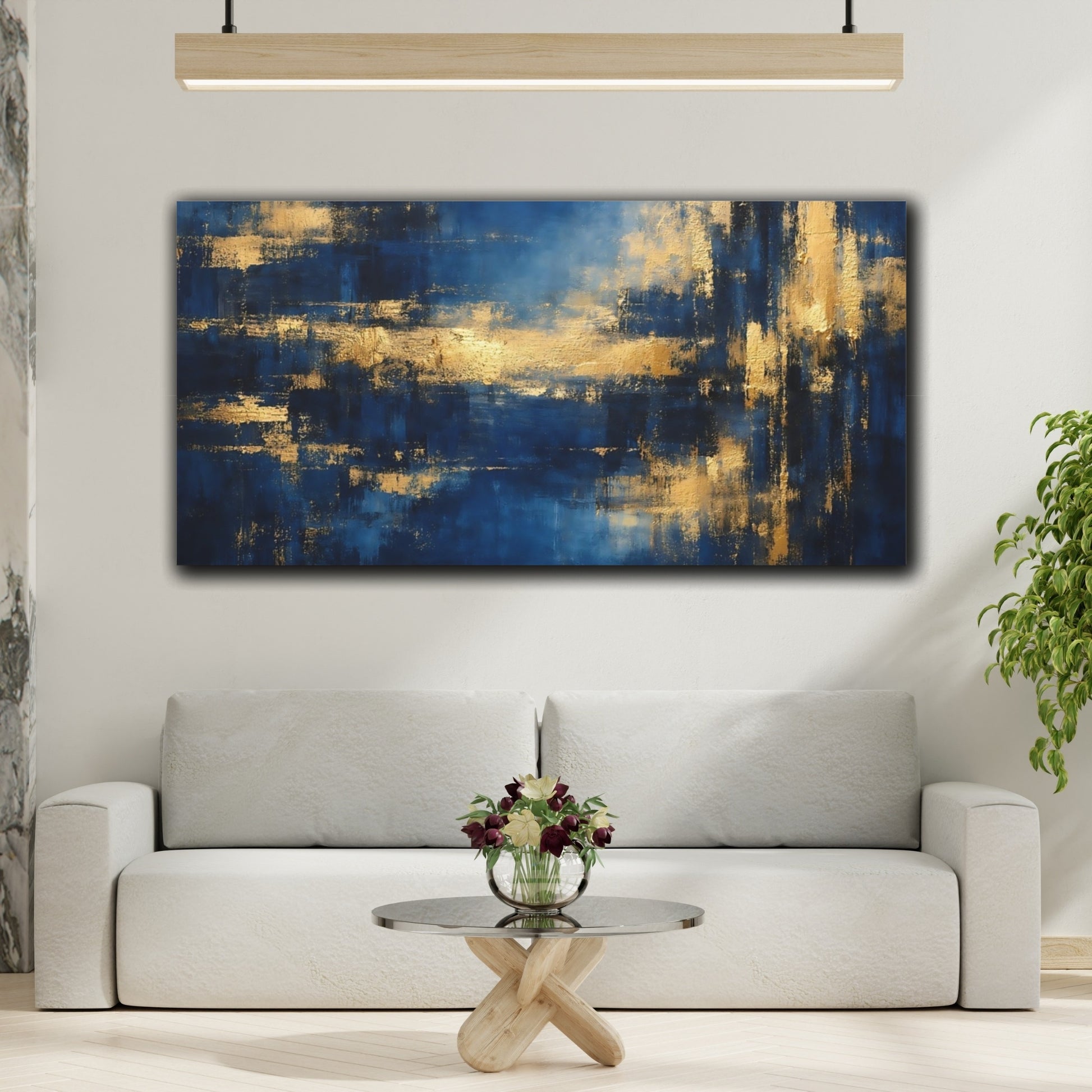 Mockup 3. Abstract Abstract Forms Blue And Gold Abstract shown as stretched canvas wall art