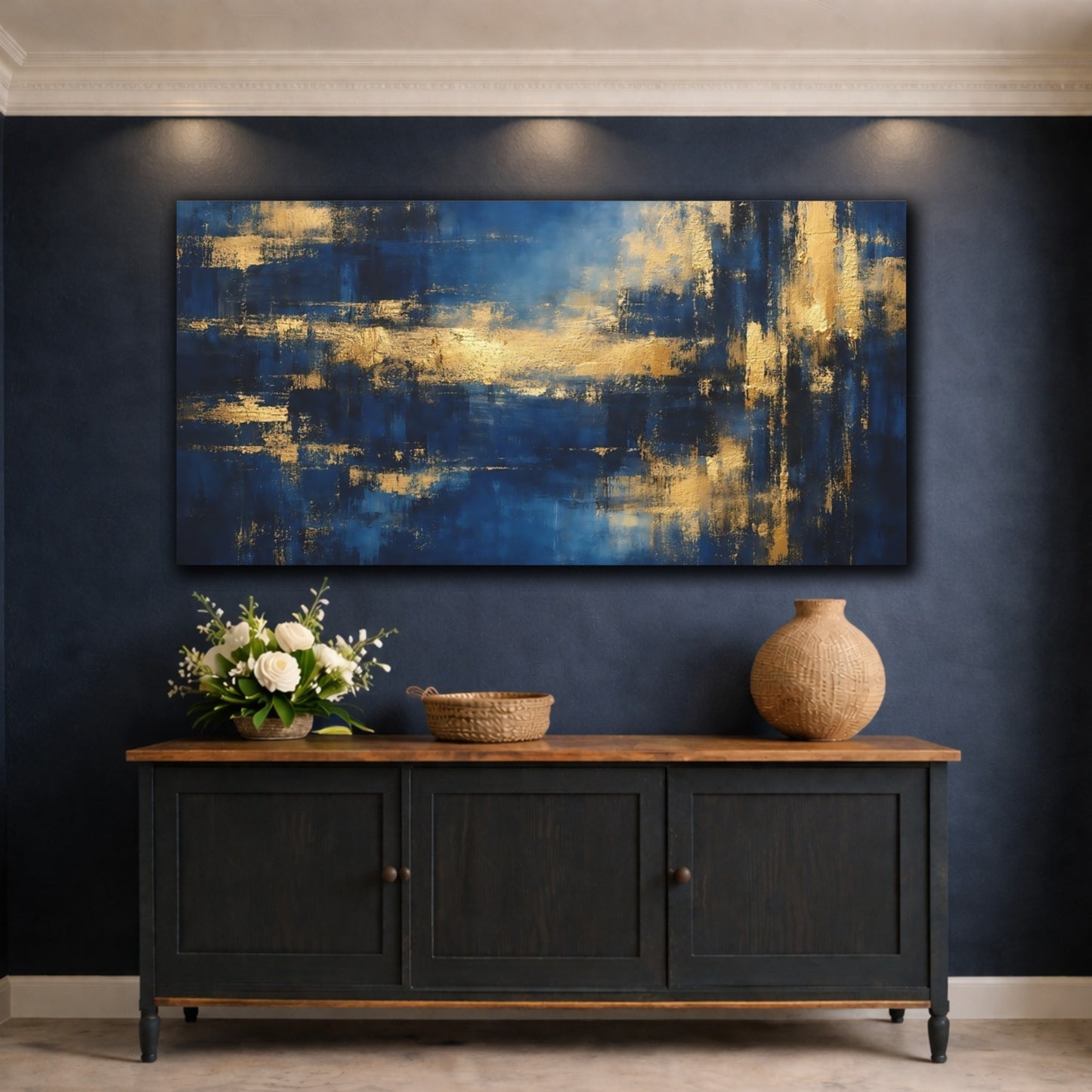 Mockup 4. Abstract Abstract Forms Blue And Gold Abstract shown as stretched canvas wall art