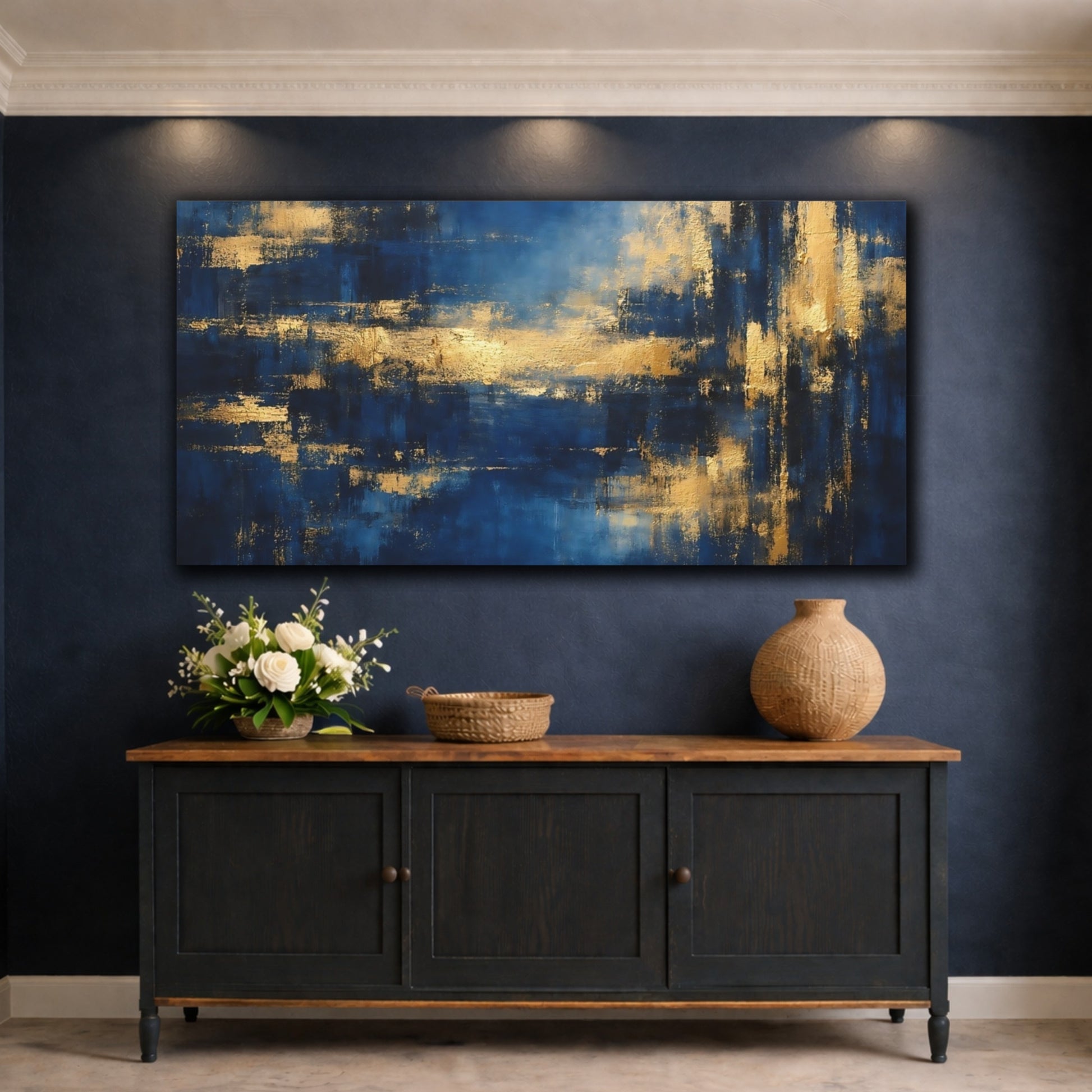 Mockup 4. Abstract Abstract Forms Blue And Gold Abstract shown as stretched canvas wall art