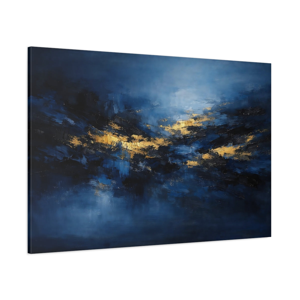 Main Mockup. Abstract Abstract Forms Blue And Gold shown as stretched canvas wall art