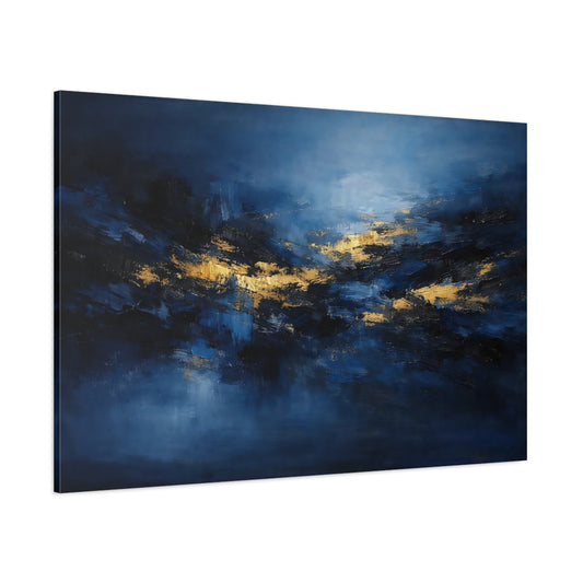 Main Mockup. Abstract Abstract Forms Blue And Gold shown as stretched canvas wall art