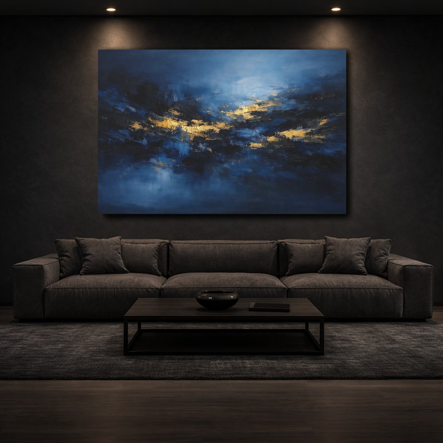 Mockup 2. Abstract Abstract Forms Blue And Gold shown as stretched canvas wall art