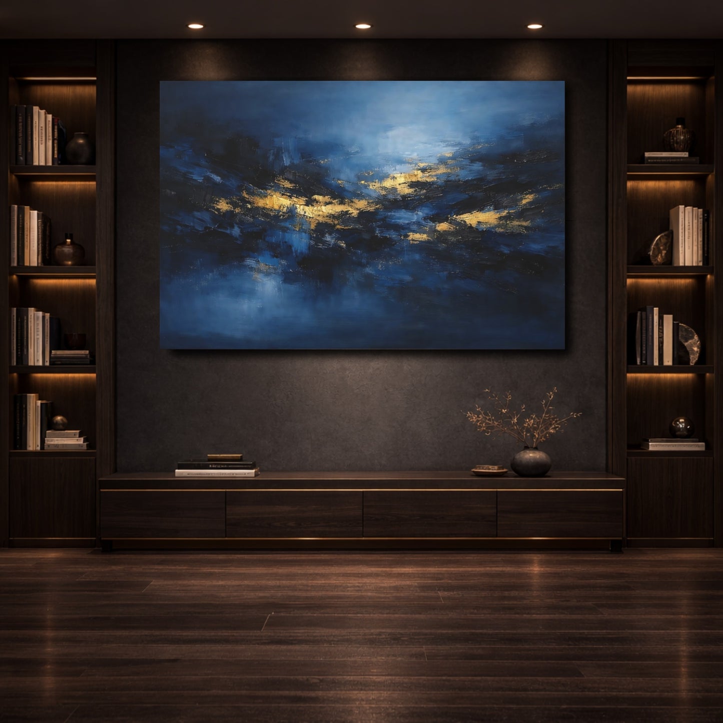 Mockup 3. Abstract Abstract Forms Blue And Gold shown as stretched canvas wall art