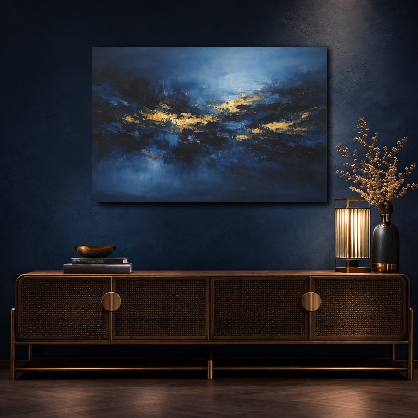 Mockup 4. Abstract Abstract Forms Blue And Gold shown as stretched canvas wall art