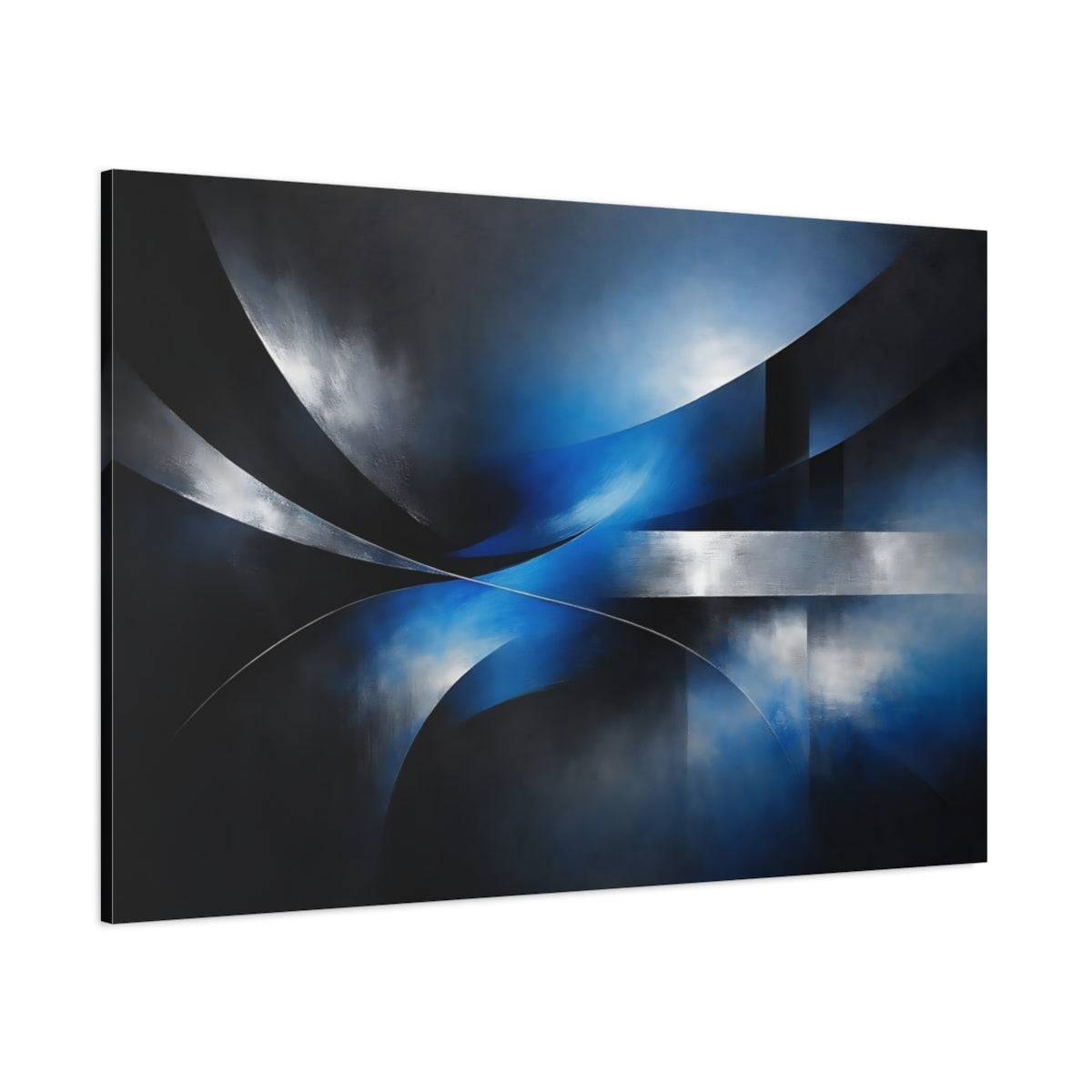 Main Mockup. Abstract Abstract Forms Blue And Silver shown as stretched canvas wall art