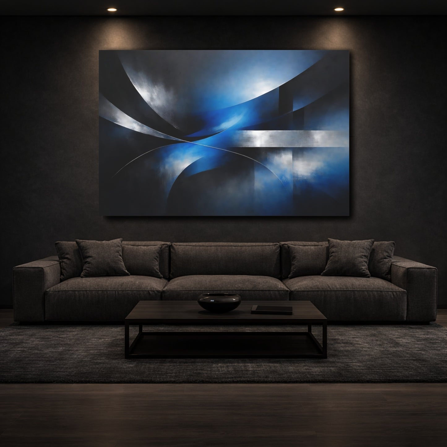 Mockup 2. Abstract Abstract Forms Blue And Silver shown as stretched canvas wall art