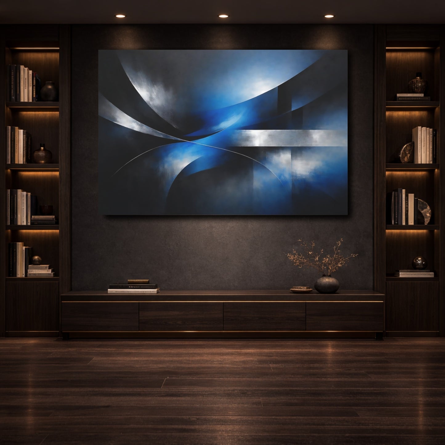 Mockup 3. Abstract Abstract Forms Blue And Silver shown as stretched canvas wall art