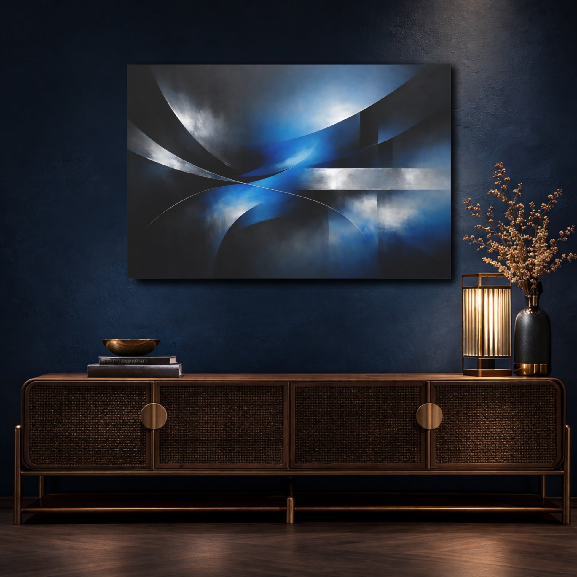 Mockup 4. Abstract Abstract Forms Blue And Silver shown as stretched canvas wall art