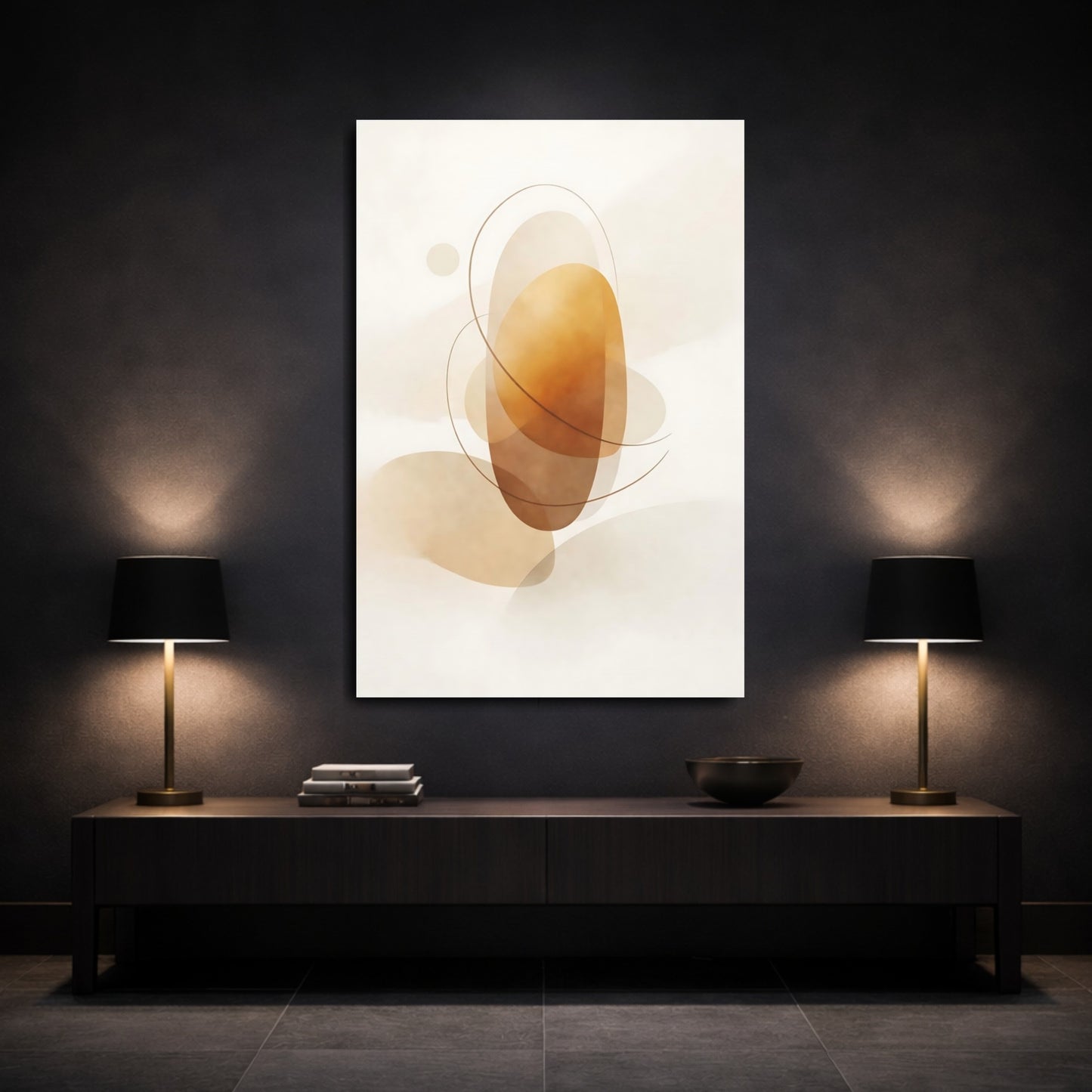 Mockup 2. Abstract Abstract Forms Brown And Beige Abstract shown as stretched canvas wall art
