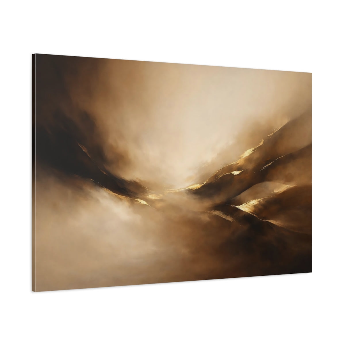 Main Mockup. Abstract Abstract Forms Brown Gold Abstract shown as stretched canvas wall art