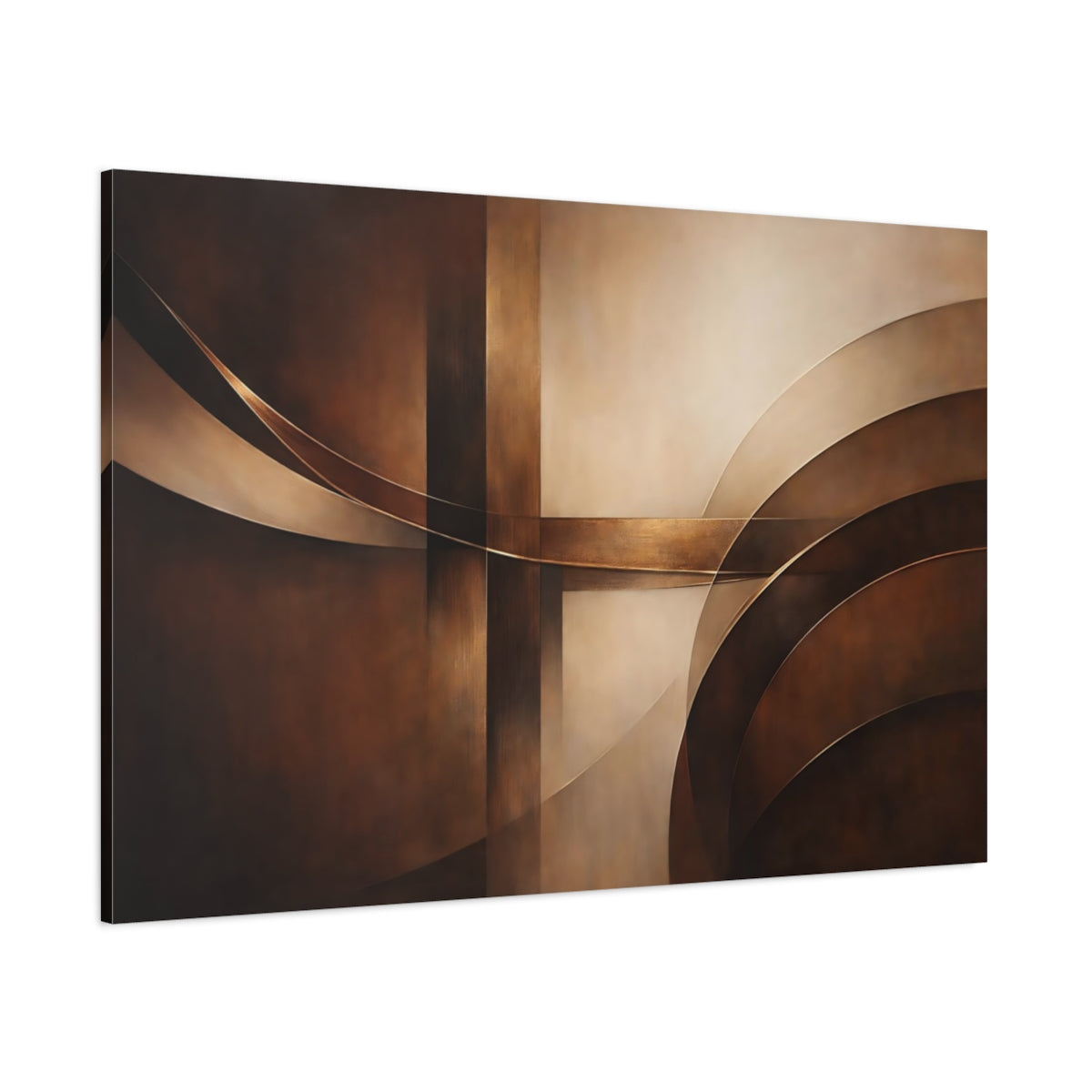 Main Mockup. Abstract Abstract Forms Brown Gold Abstract shown as stretched canvas wall art