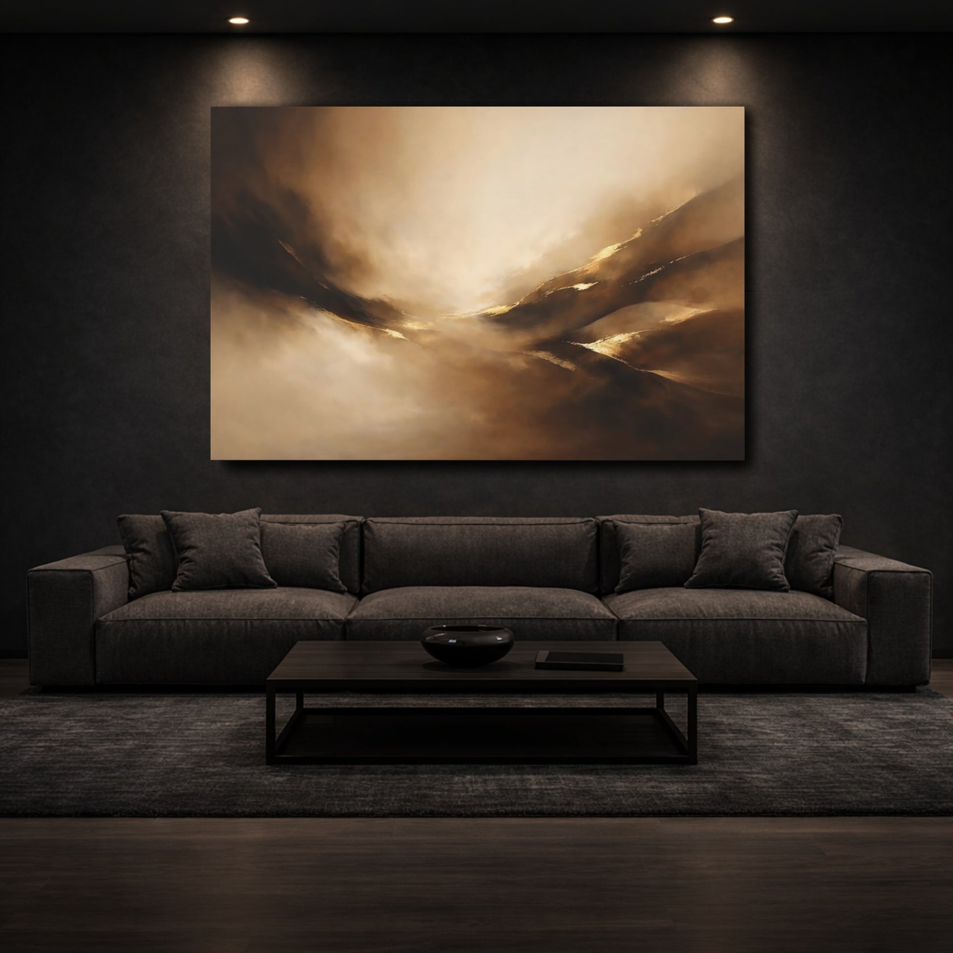 Mockup 2. Abstract Abstract Forms Brown Gold Abstract shown as stretched canvas wall art